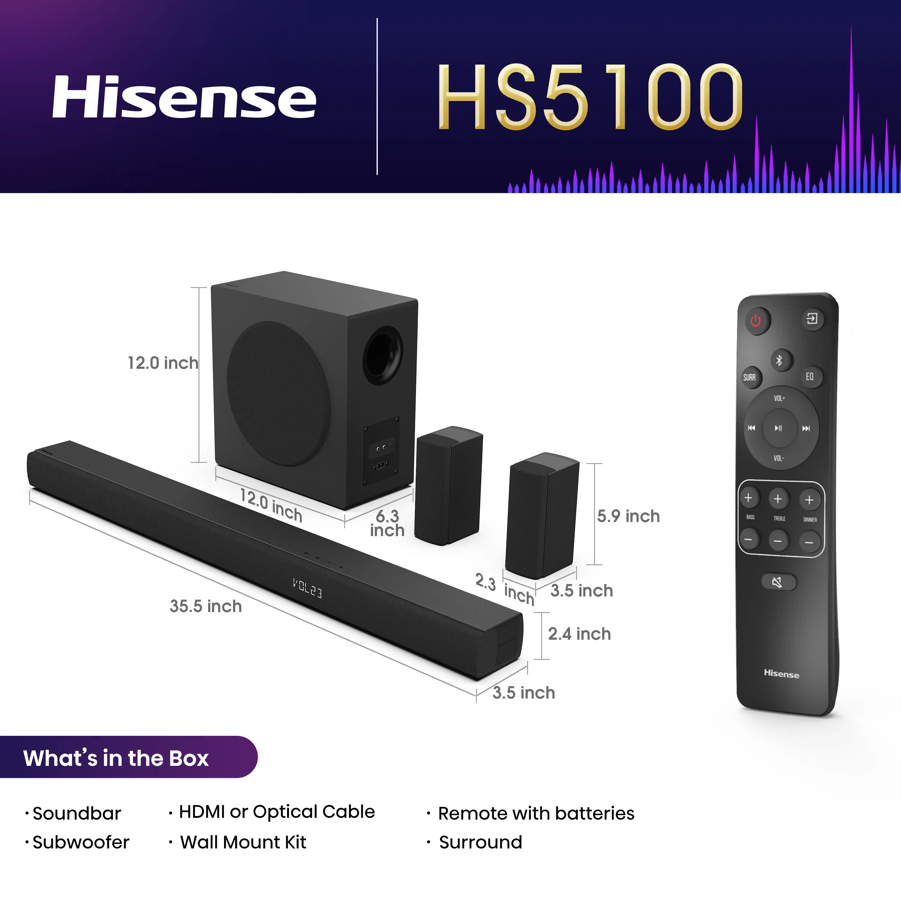 Hisense - 5.1 Channel 540W Soundbar with Wireless 6.5" Subwoofer and 2 Rear Speakers (HS5100) - Black - Image 4