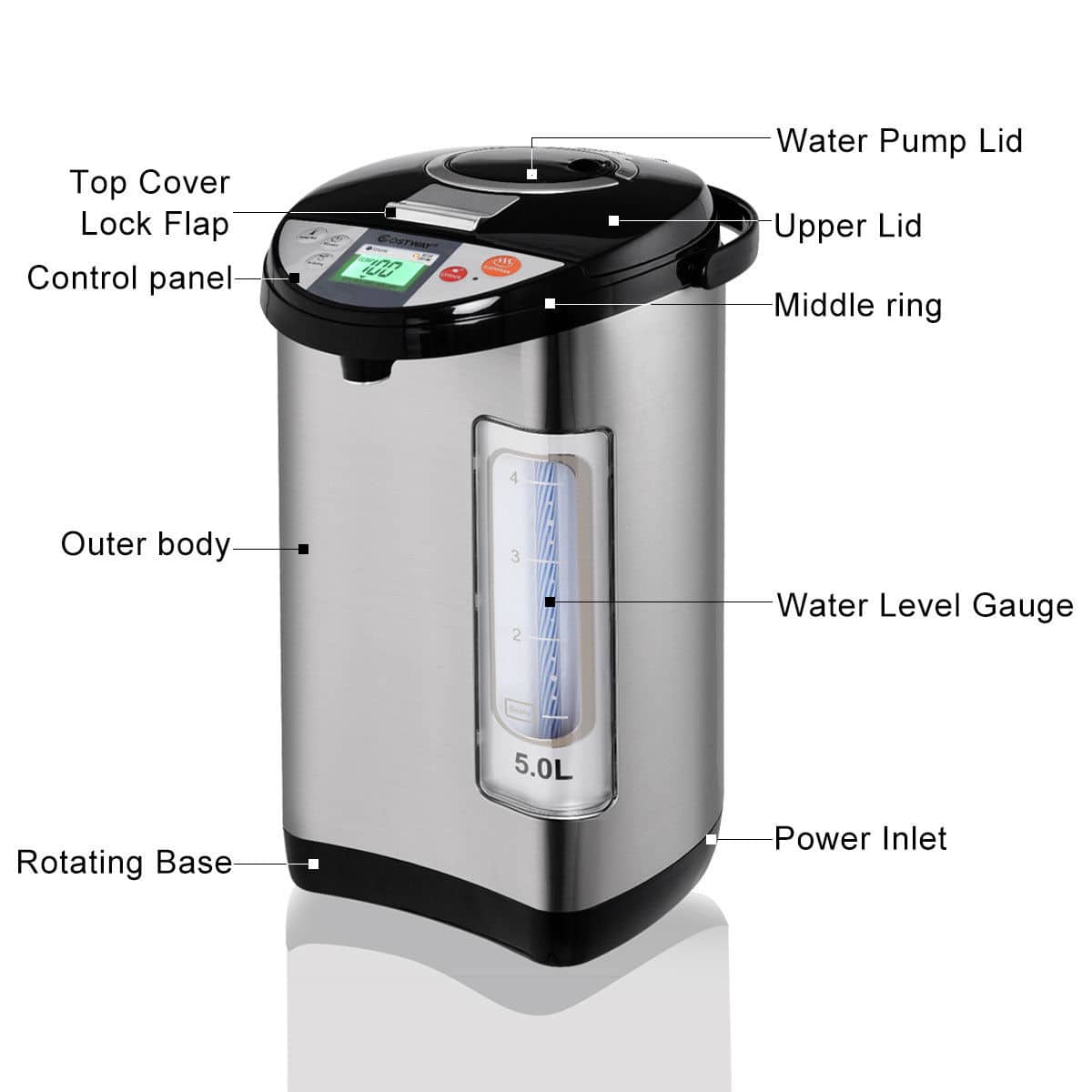 Costway - 5-Liter LCD Water Boiler and Warmer Electric Hot Pot Kettle Hot Water Dispenser - Black/Metal Silver - Image 7