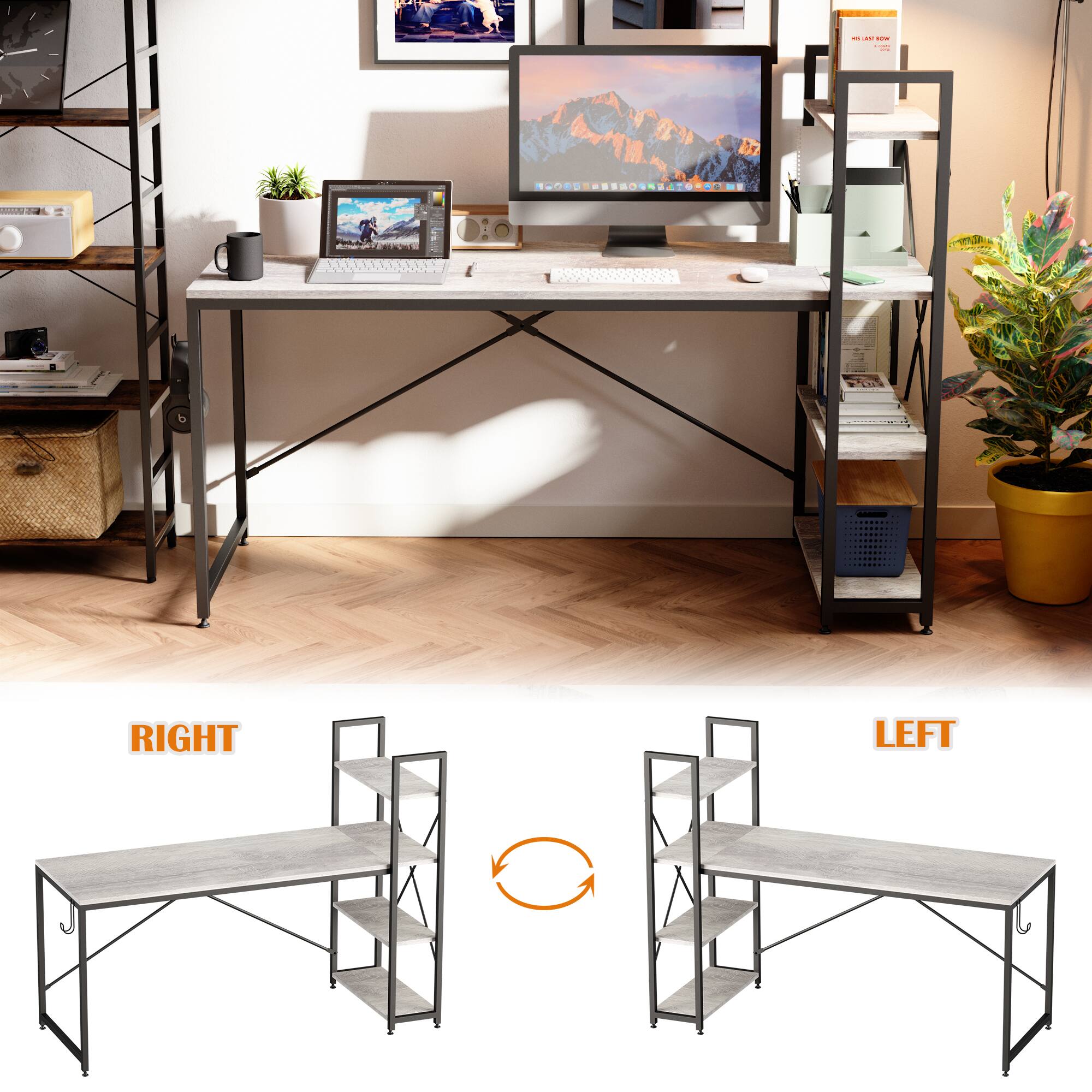 Bestier - Computer Desk with Reversible Bookshelf - Gray - Image 3