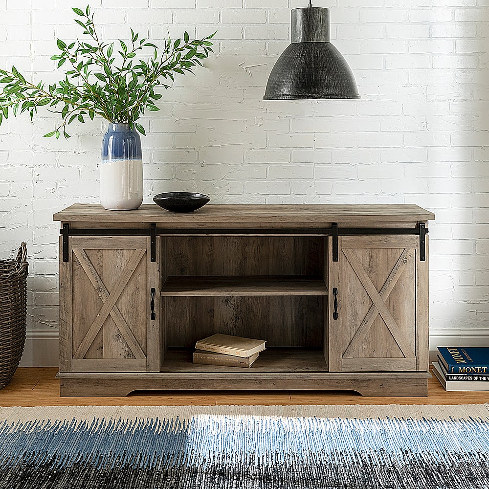 Walker Edison - 58" Modern Farmhouse Sliding Door TV Stand for Most TVs up to 65" - Grey Wash - Image 4