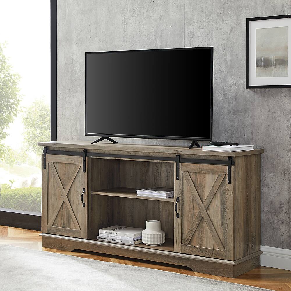 Walker Edison - 58" Modern Farmhouse Sliding Door TV Stand for Most TVs up to 65" - Grey Wash - Image 7