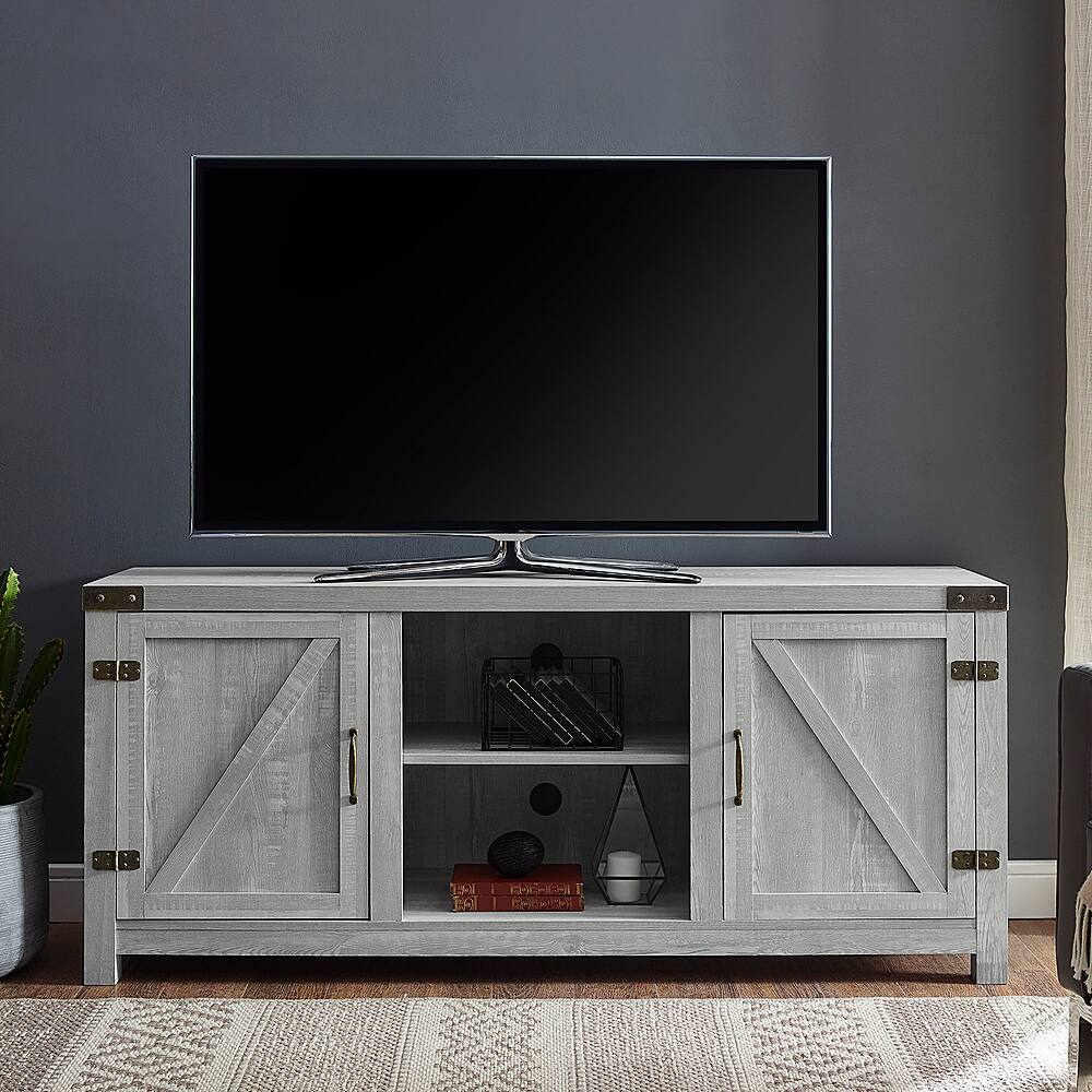 Walker Edison - Rustic Barn Door Style Stand for Most TVs Up to 65" - Stone Gray - Image 4