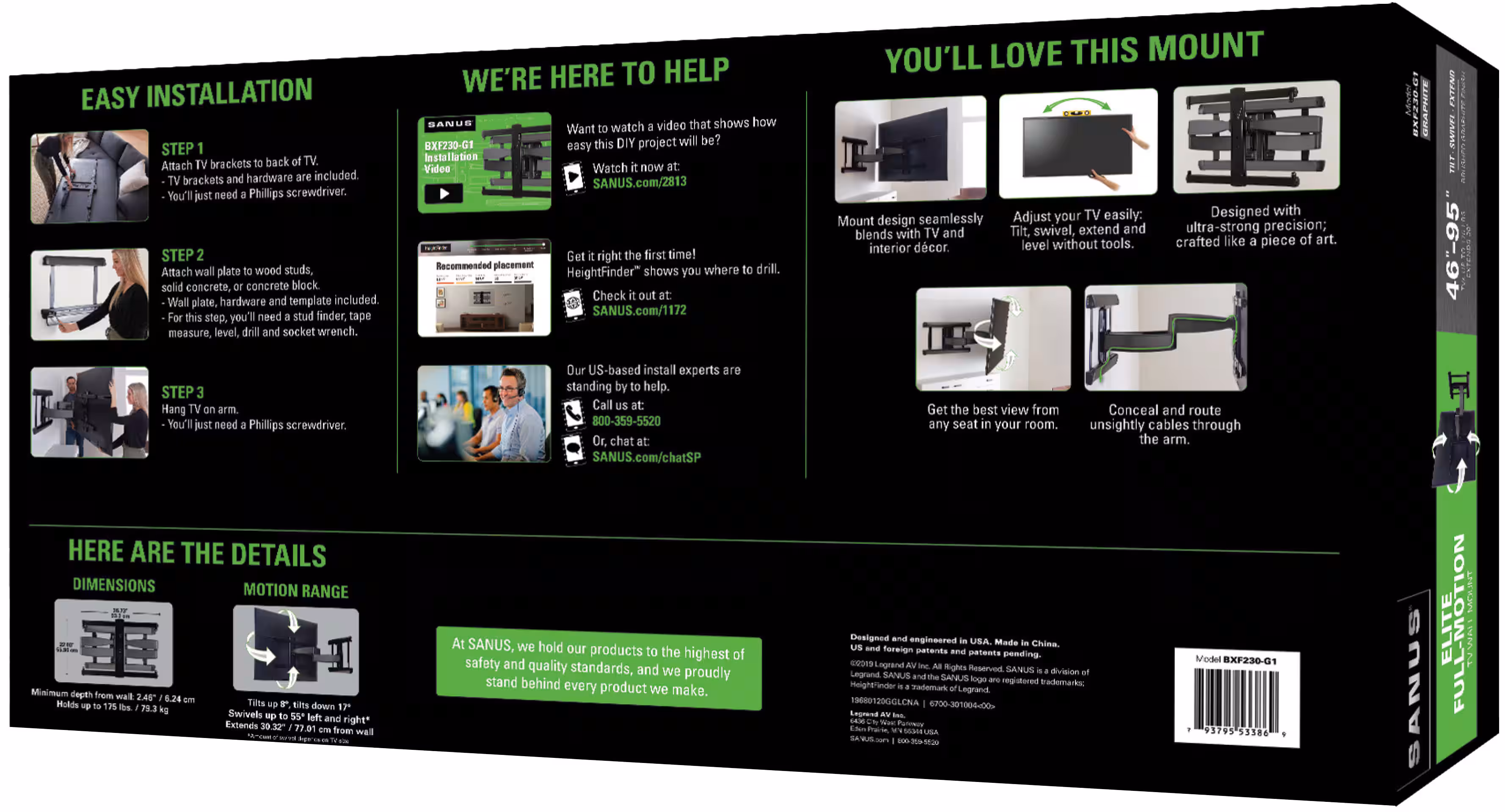 SANUS Elite - Advanced Full-Motion TV Wall Mount for Most 46" - 95" TVs up to 175lbs - Tilts, Swivels, and Extends up to 30" - Graphite - Image 3