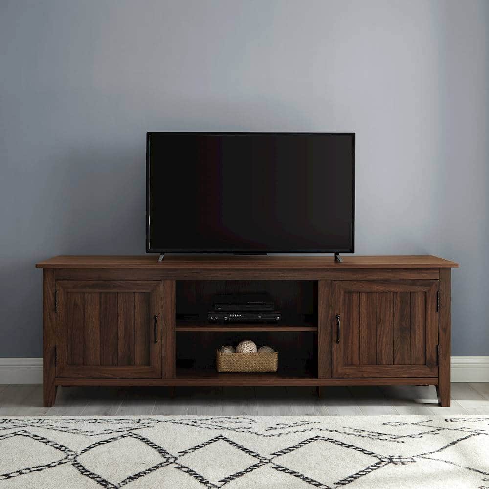 Walker Edison - 70" Modern Farmhouse Simple Grooved Door TV Stand for most TVs up to 80" - Dark Walnut - Image 6