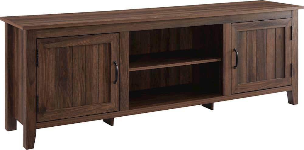Walker Edison - 70" Modern Farmhouse Simple Grooved Door TV Stand for most TVs up to 80" - Dark Walnut - Image 2
