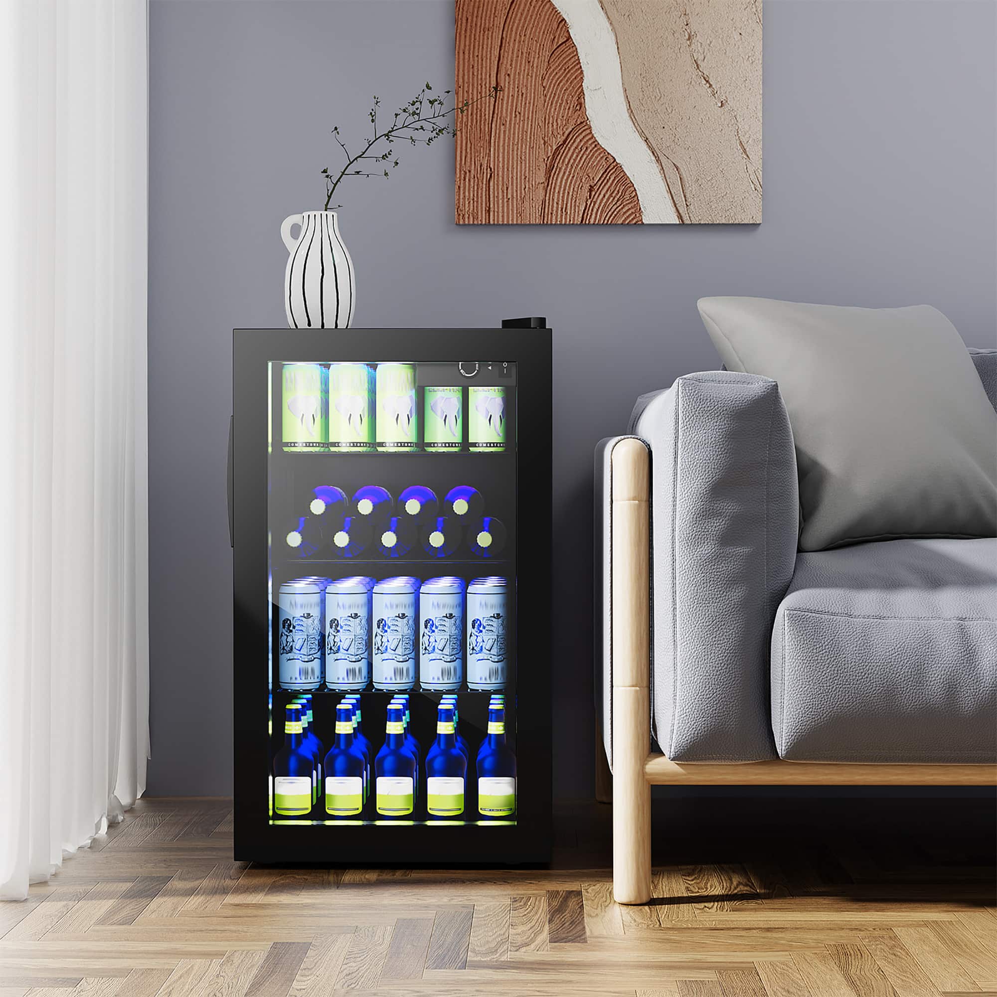 Costway - 120 Can Beverage Refrigerator Beer Wine Soda Drink Cooler Mini Fridge - Black - Image 7