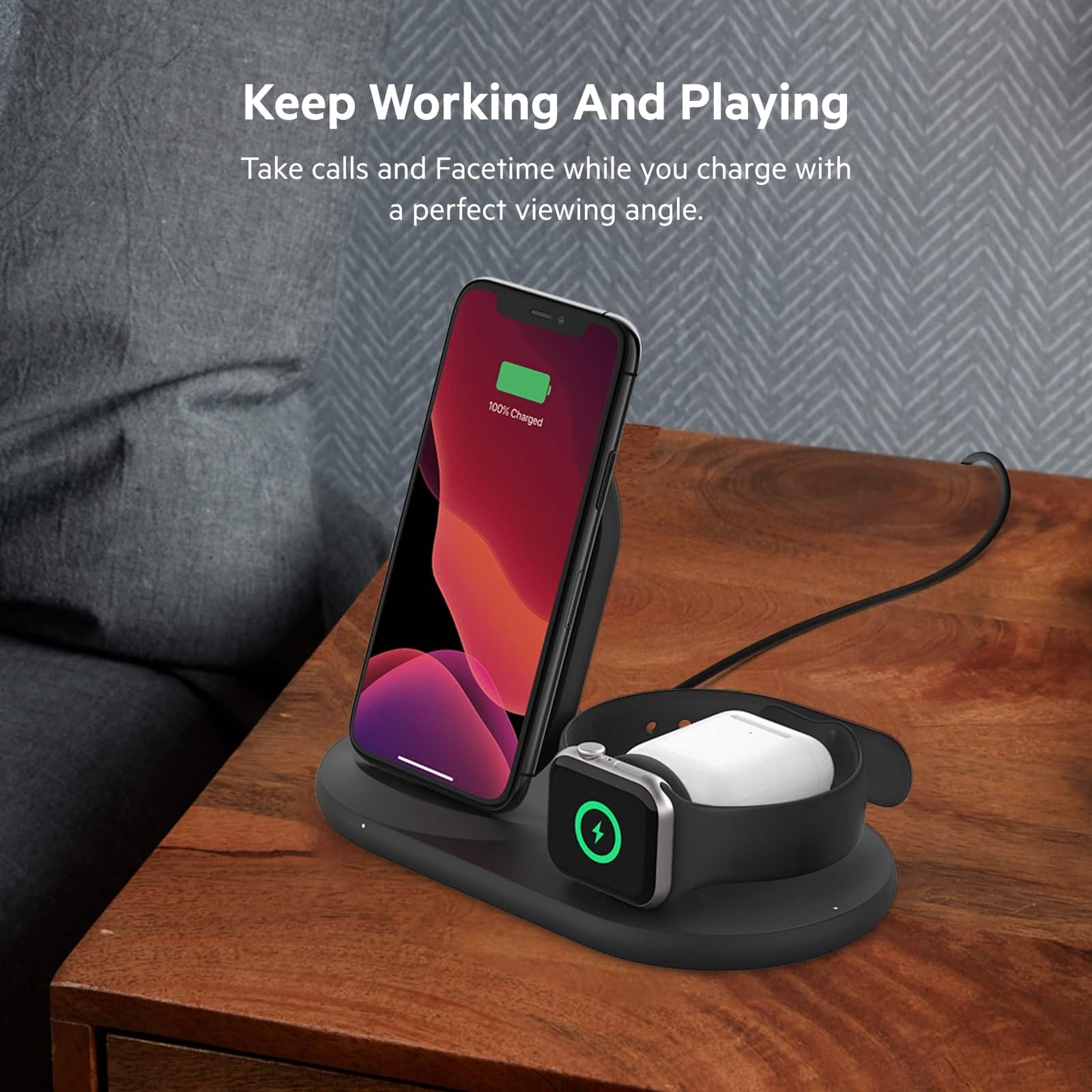 Belkin - 3-in-1 Wireless Charger - Fast Charging Stand for iPhone, Watch & AirPods - Qi-Certified Charger - Case Compatible - Black - Image 6