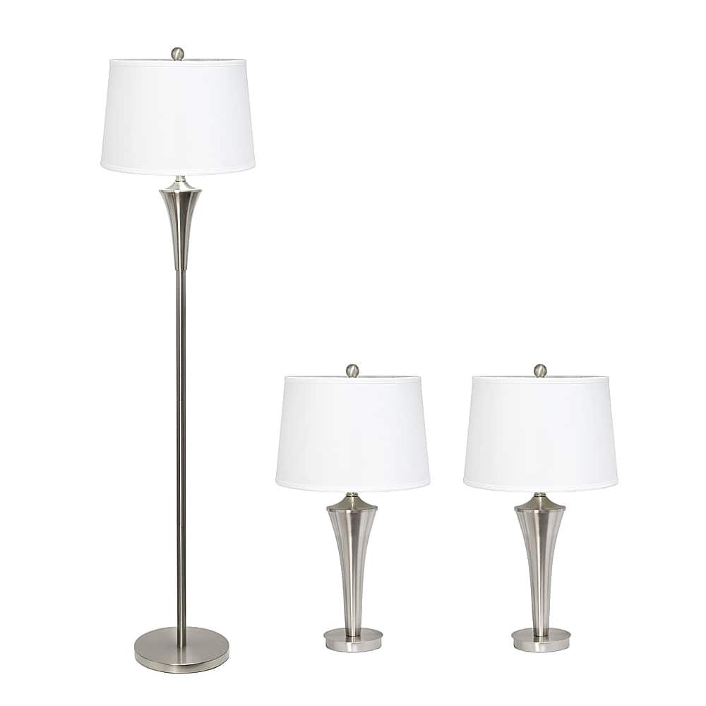 Elegant Designs - Tapered 3 Pack Lamp Set (2 Table Lamps, 1 Floor Lamp) with White Shades - Brushed Nickel - Image 2