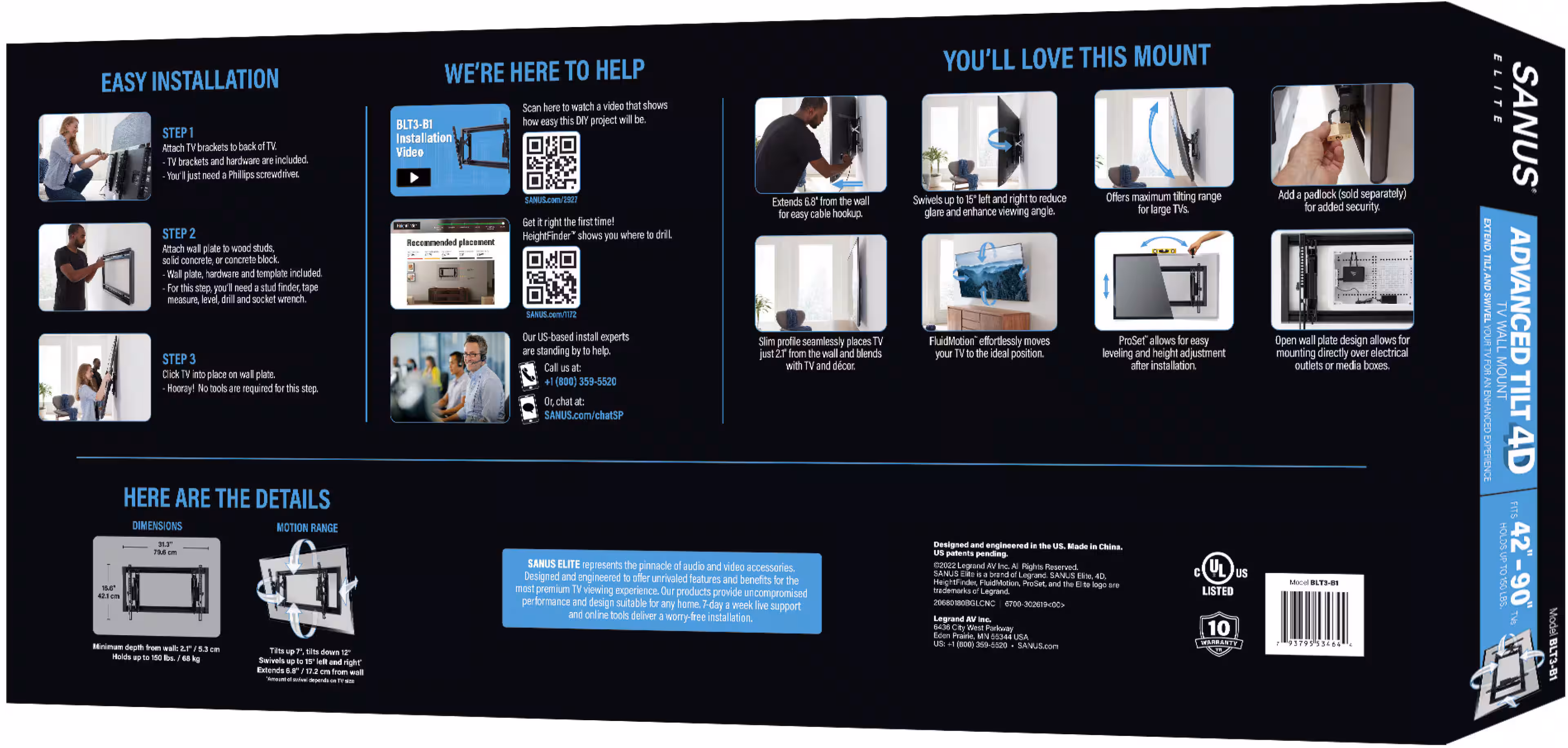 SANUS Elite - Advanced Tilt 4D TV Wall Mount for Most TVs 42"-90" up to 150lbs- Extends 6.8" for Easy Cable Access and Max Tilt - Black - Image 5