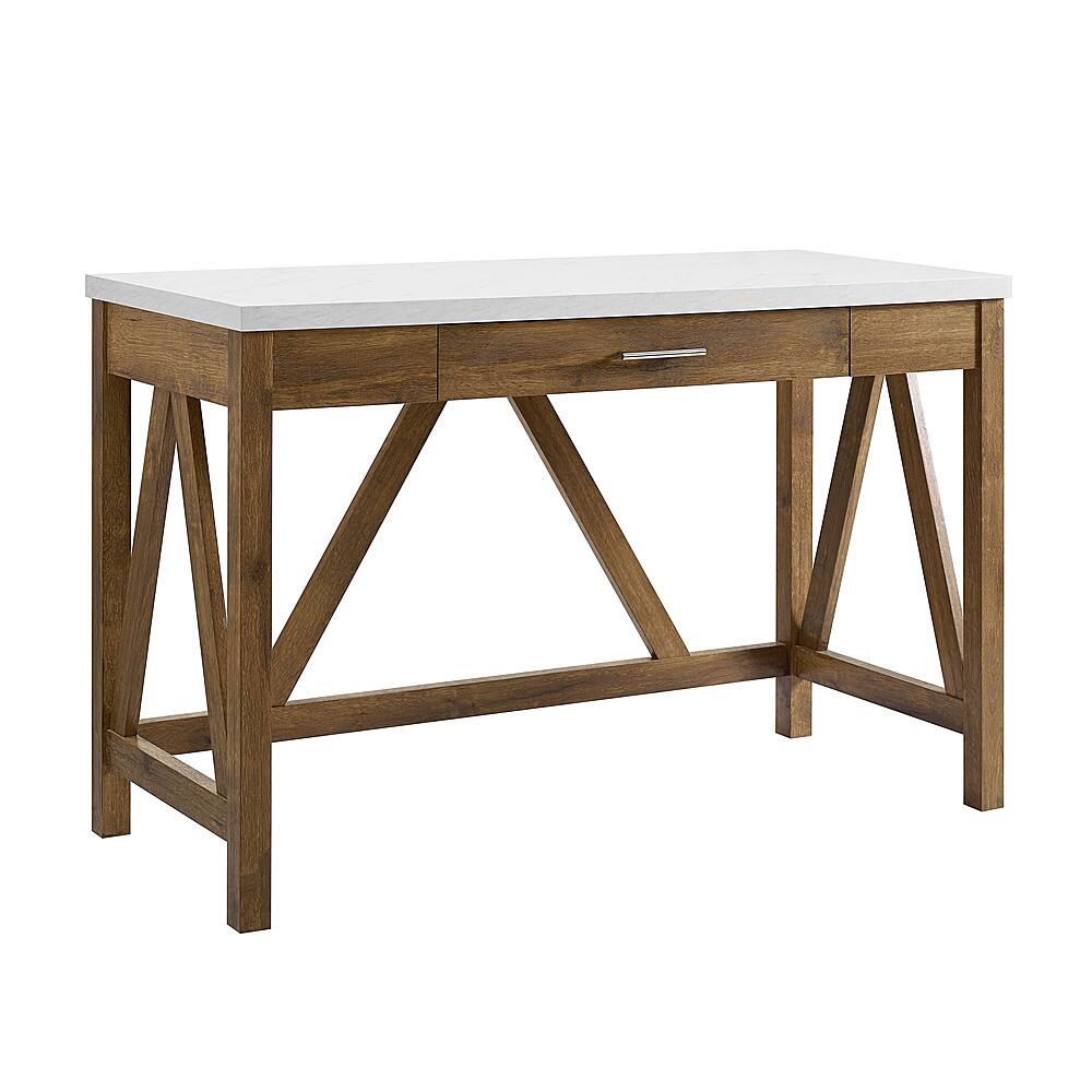 Walker Edison - 46" A Frame Modern Wood Computer Desk with Drawer - Natural Walnut/White Marble - Image 2