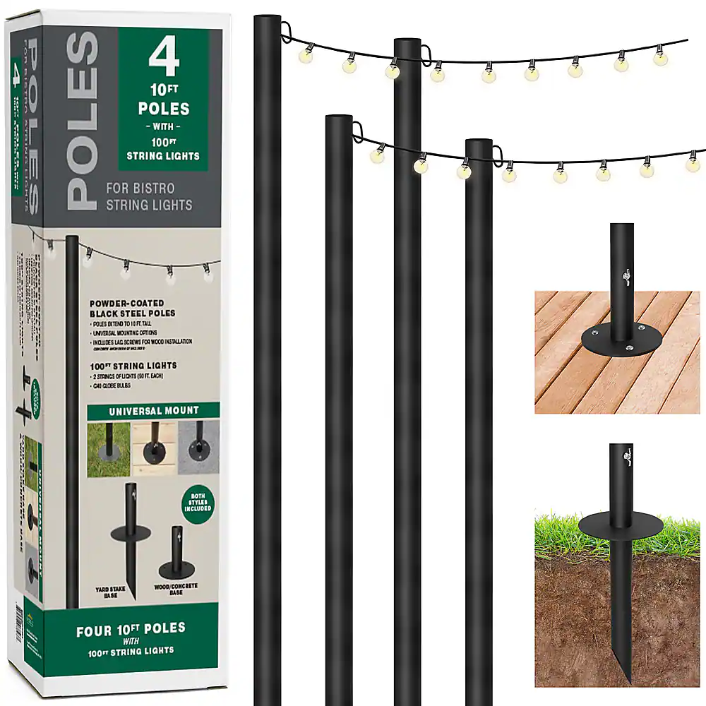 Excello Global Products - Bistro String Light Poles - 4 Pack - Extends to 10 Feet - 100 Feet of String Lights Included - Black - Image 2