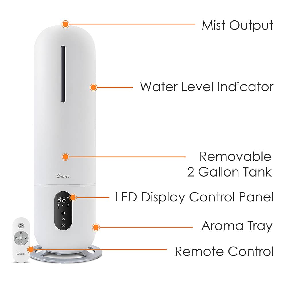 CRANE - 2 Gal. Tower Ultrasonic Cool Mist Humidifier with Remote - White - Image 2