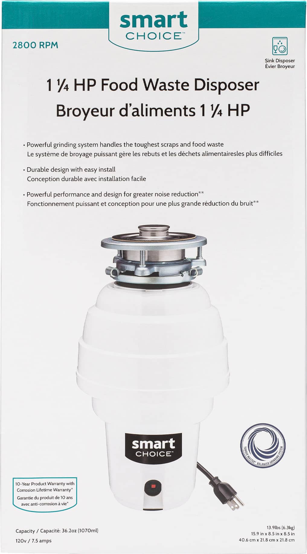 Smart Choice - 1.25HP Corded Garbage Disposal - White - Image 4