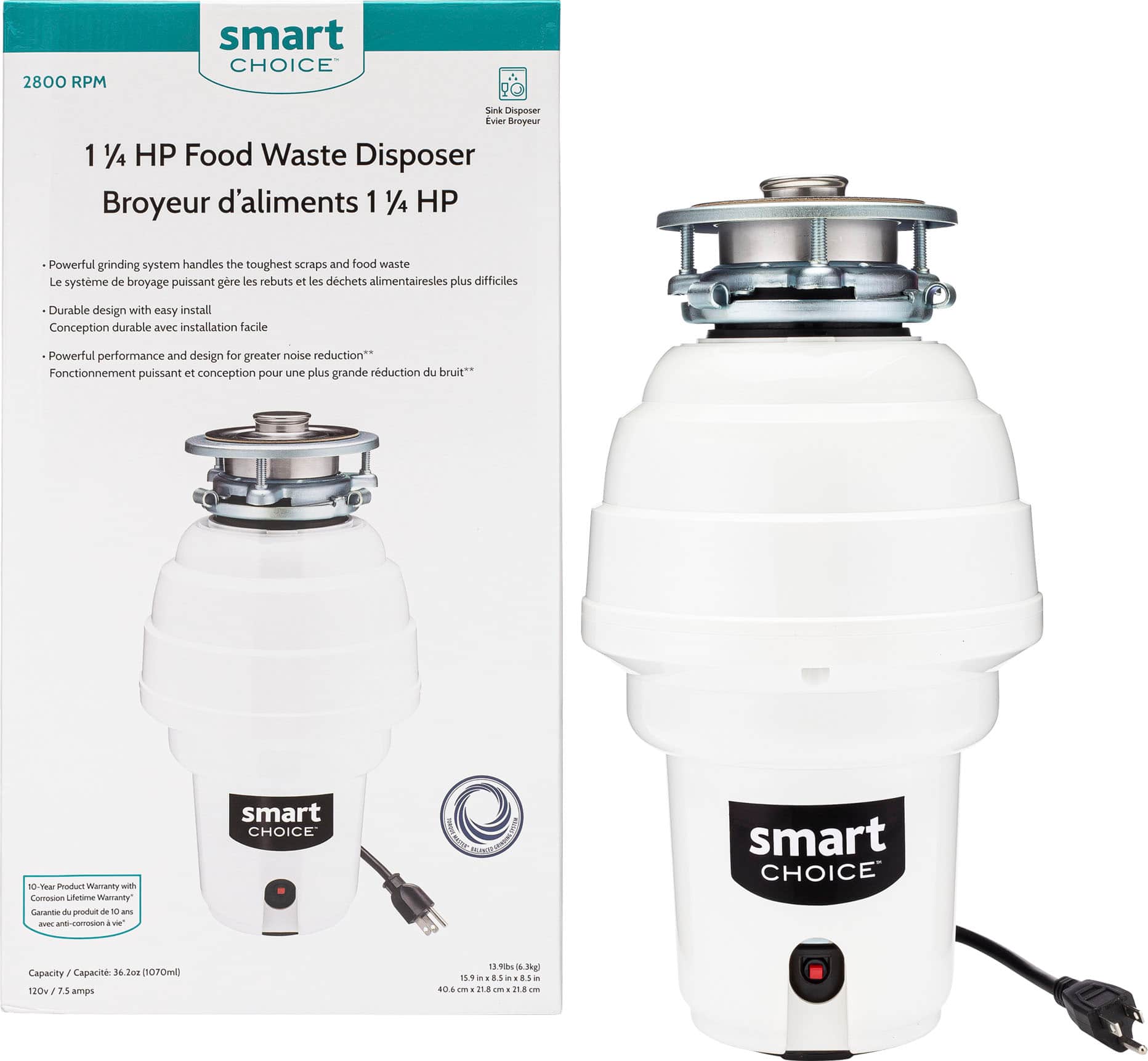Smart Choice - 1.25HP Corded Garbage Disposal - White - Image 3