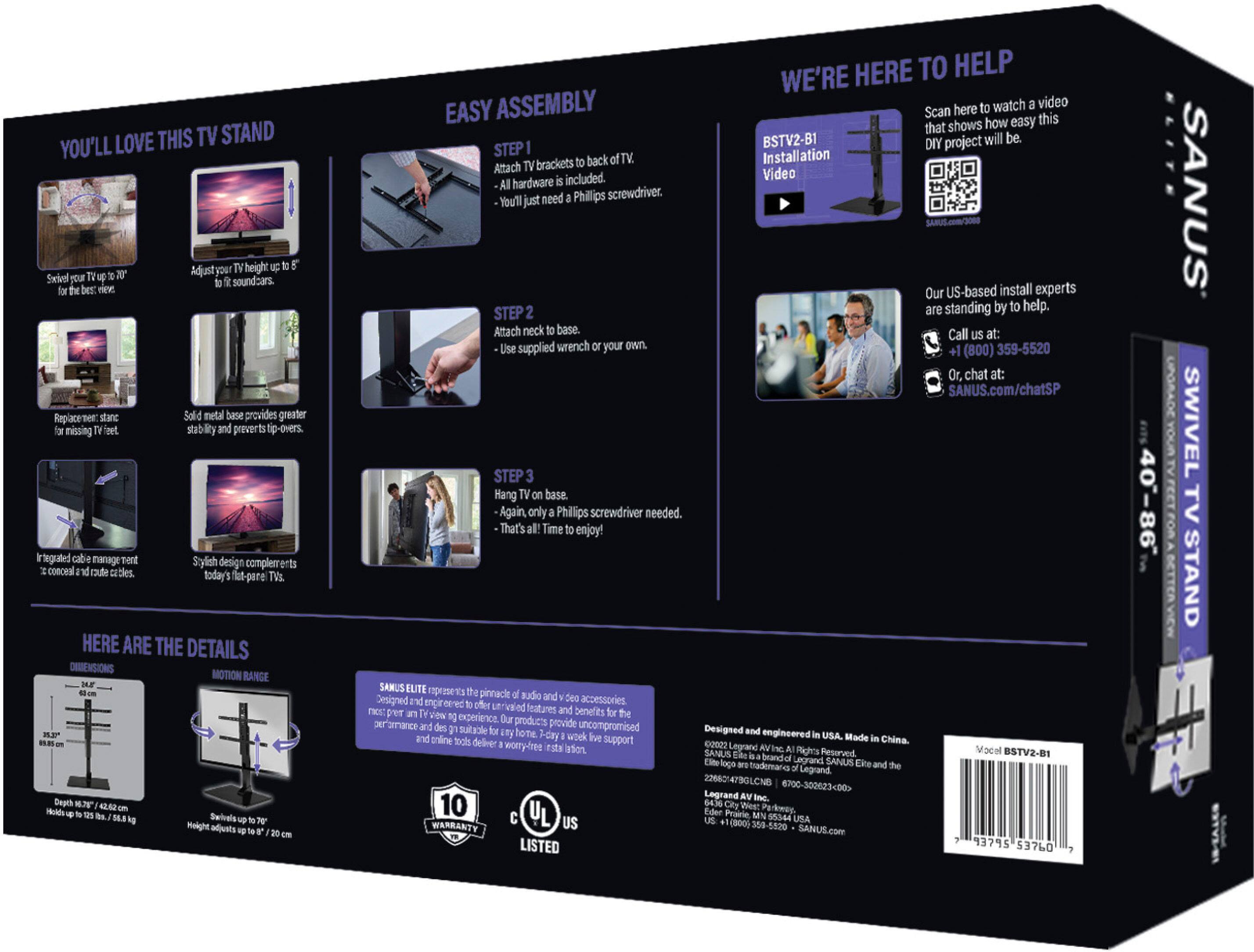 SANUS Elite - Swivel TV Stand for TVs 40"-86" - Sturdy Base with Swivel, Height Adjustment, and Cable Management - Black - Image 11