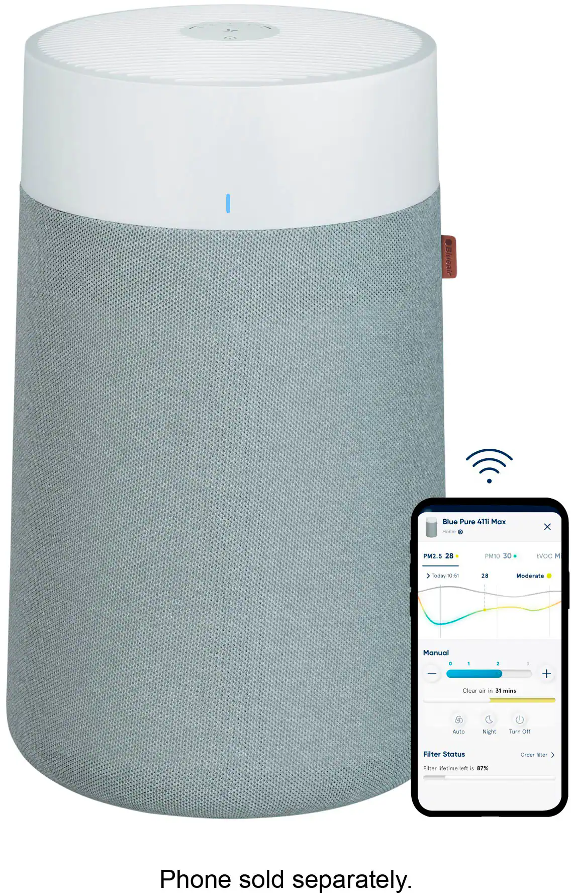 Blueair - Blue Pure 411i Max 1052 Sq. Ft HEPASilent Smart Small Room Bedroom Air Purifier - White/Gray
