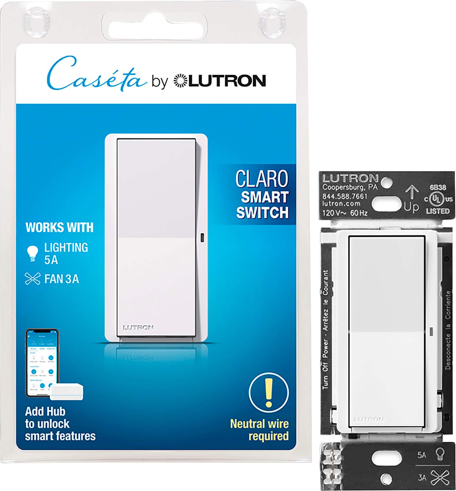 Lutron - Claro Smart Switch for Caséta, On/Off Control of Lights/Fans, 5-Amp/Neutral Wire Required - White