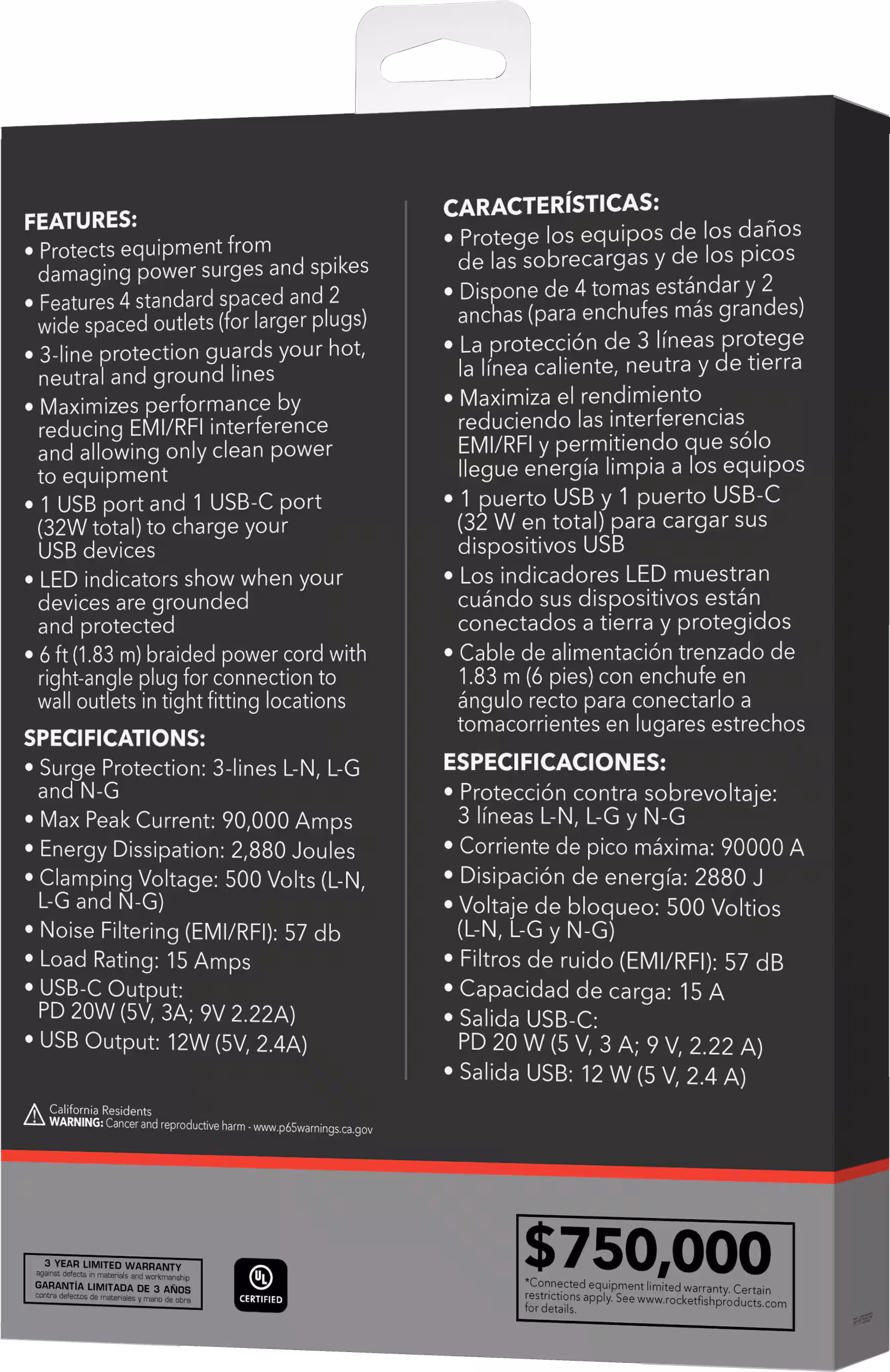 Rocketfish™ - 6-Outlet Strip Premium/1-USB-C/1-USB 2,880 Joules Surge Protector - Black - Image 7