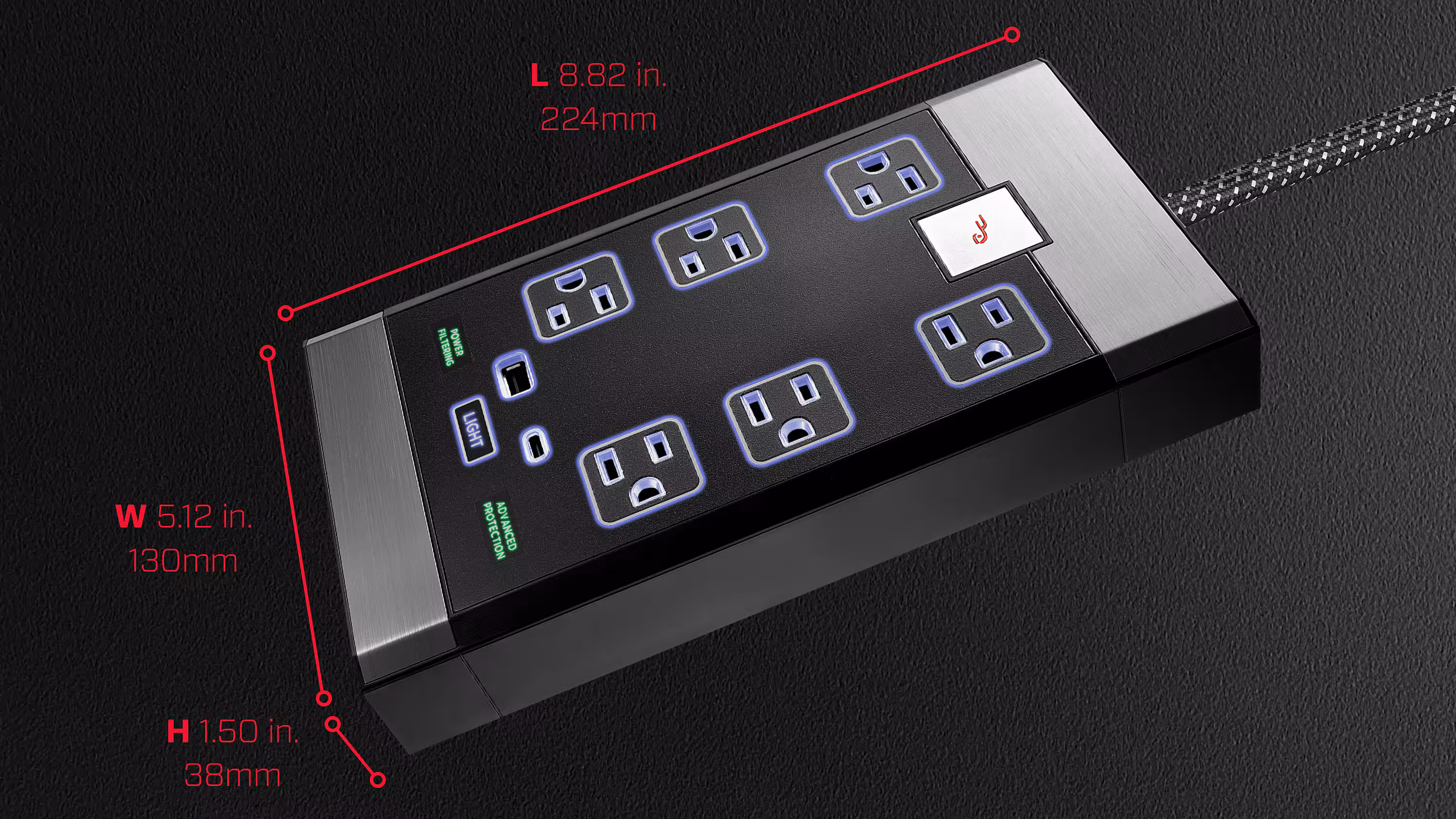 Rocketfish™ - 6-Outlet Strip Premium/1-USB-C/1-USB 2,880 Joules Surge Protector - Black - Image 9