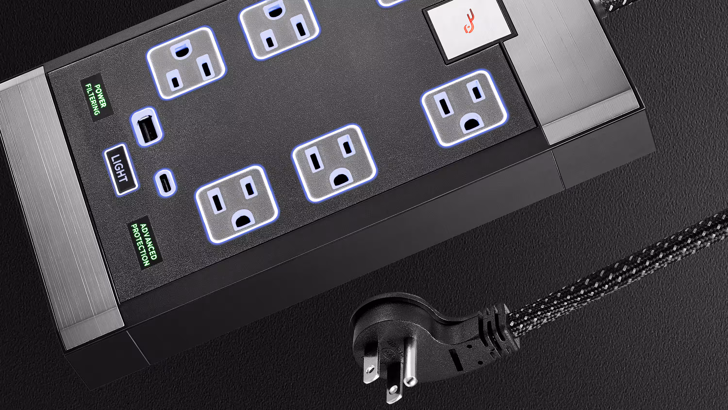 Rocketfish™ - 6-Outlet Strip Premium/1-USB-C/1-USB 2,880 Joules Surge Protector - Black - Image 5
