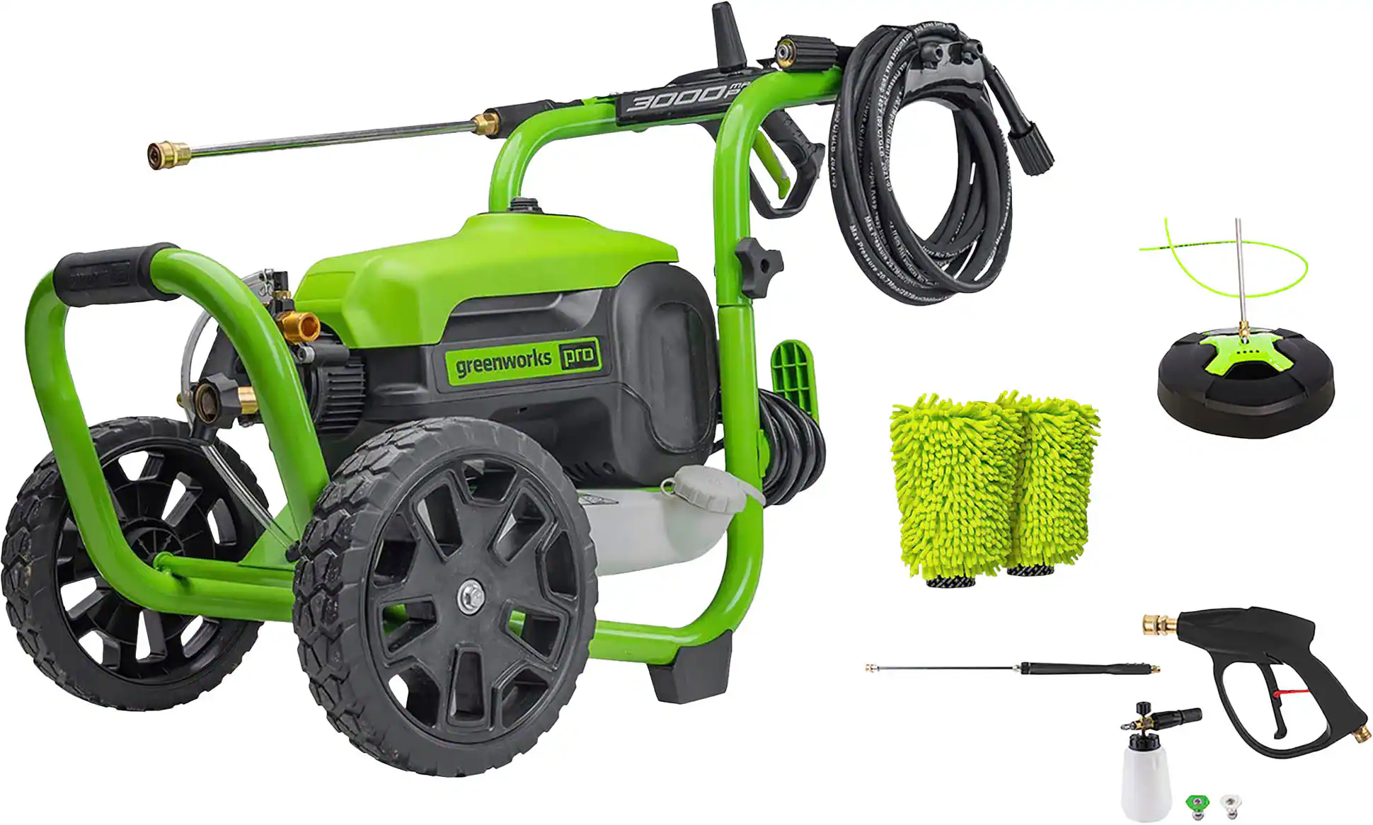 Greenworks - Electric Pressure Washer up to 3000 PSI at 2.0 GPM Combo Kit with short gun, mitts, and 15" surface cleaner - Green
