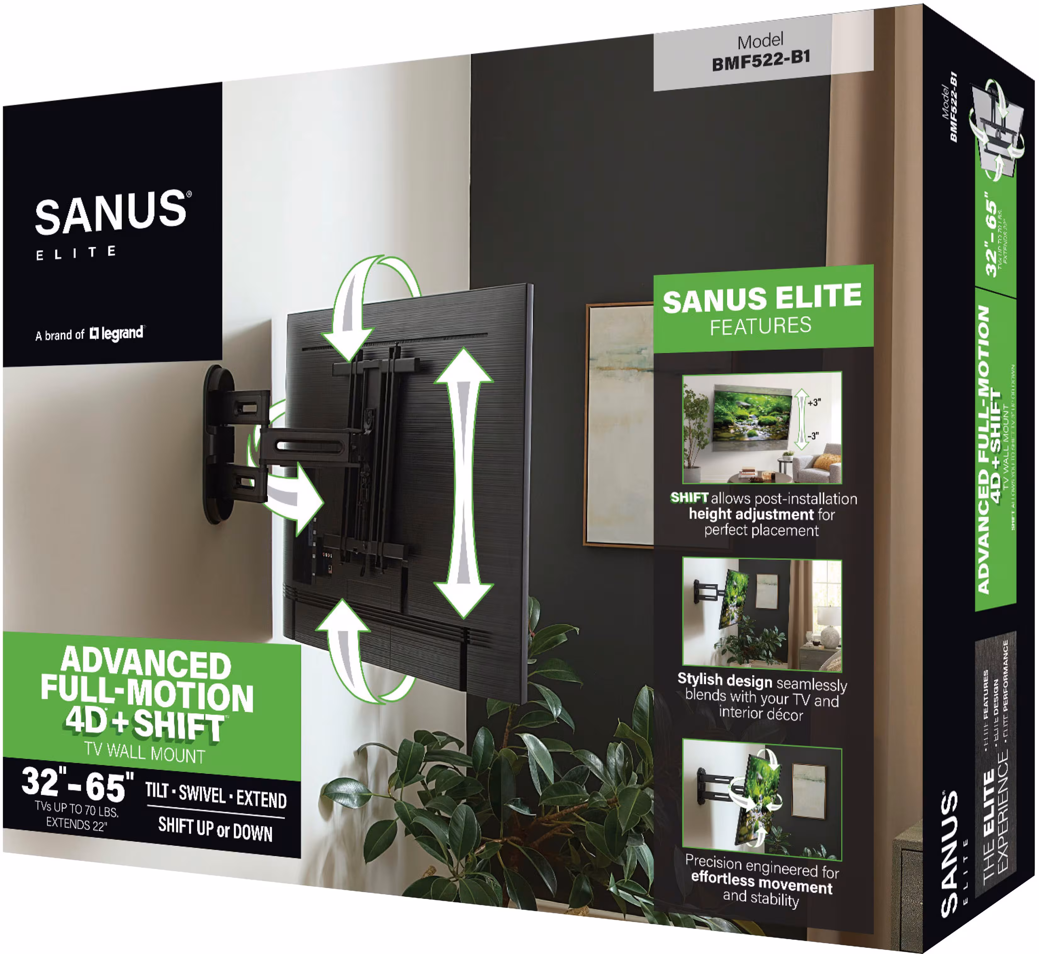 SANUS Elite - Advanced Full-Motion 4D + Shift TV Wall Mount for TVs 32"-65" up to 70 lbs - Shifts up to 6" for Perfect Placement - Black - Image 10