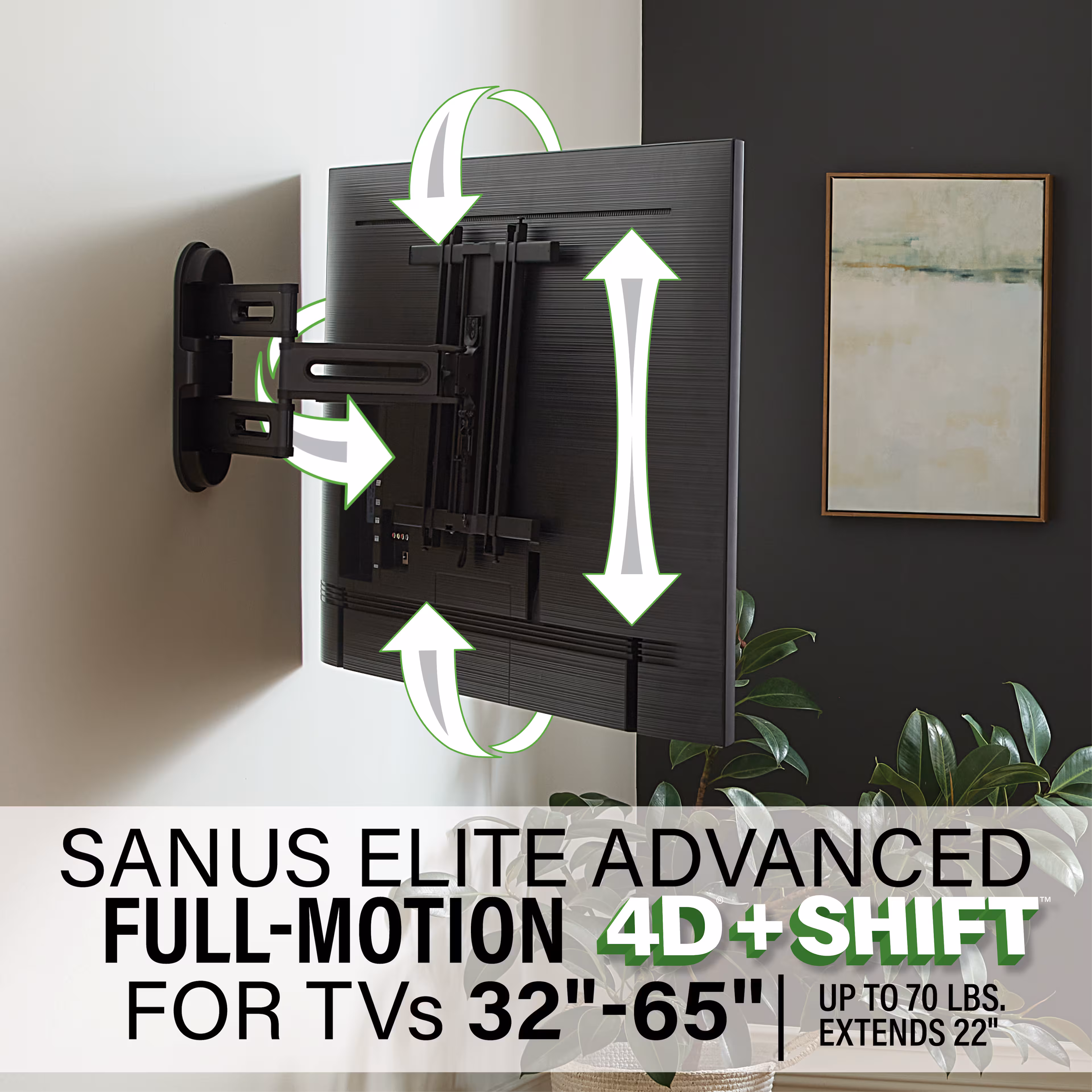SANUS Elite - Advanced Full-Motion 4D + Shift TV Wall Mount for TVs 32"-65" up to 70 lbs - Shifts up to 6" for Perfect Placement - Black - Image 3