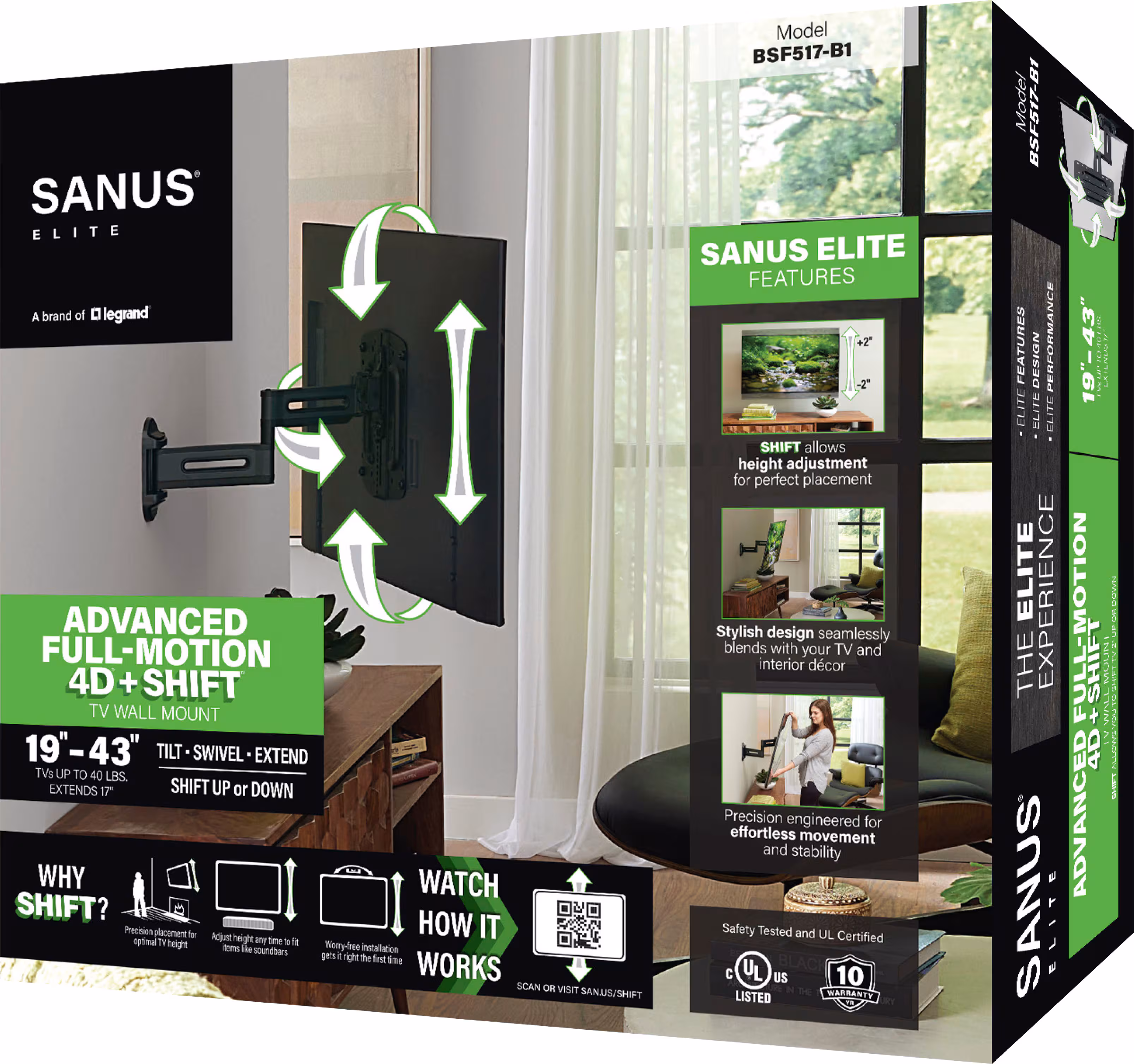 SANUS Elite - Advanced Full-Motion 4D + Shift TV Wall Mount for TVs 19"-43" up to 40 lbs - Shifts up to 4" for Perfect Placement - Black - Image 10