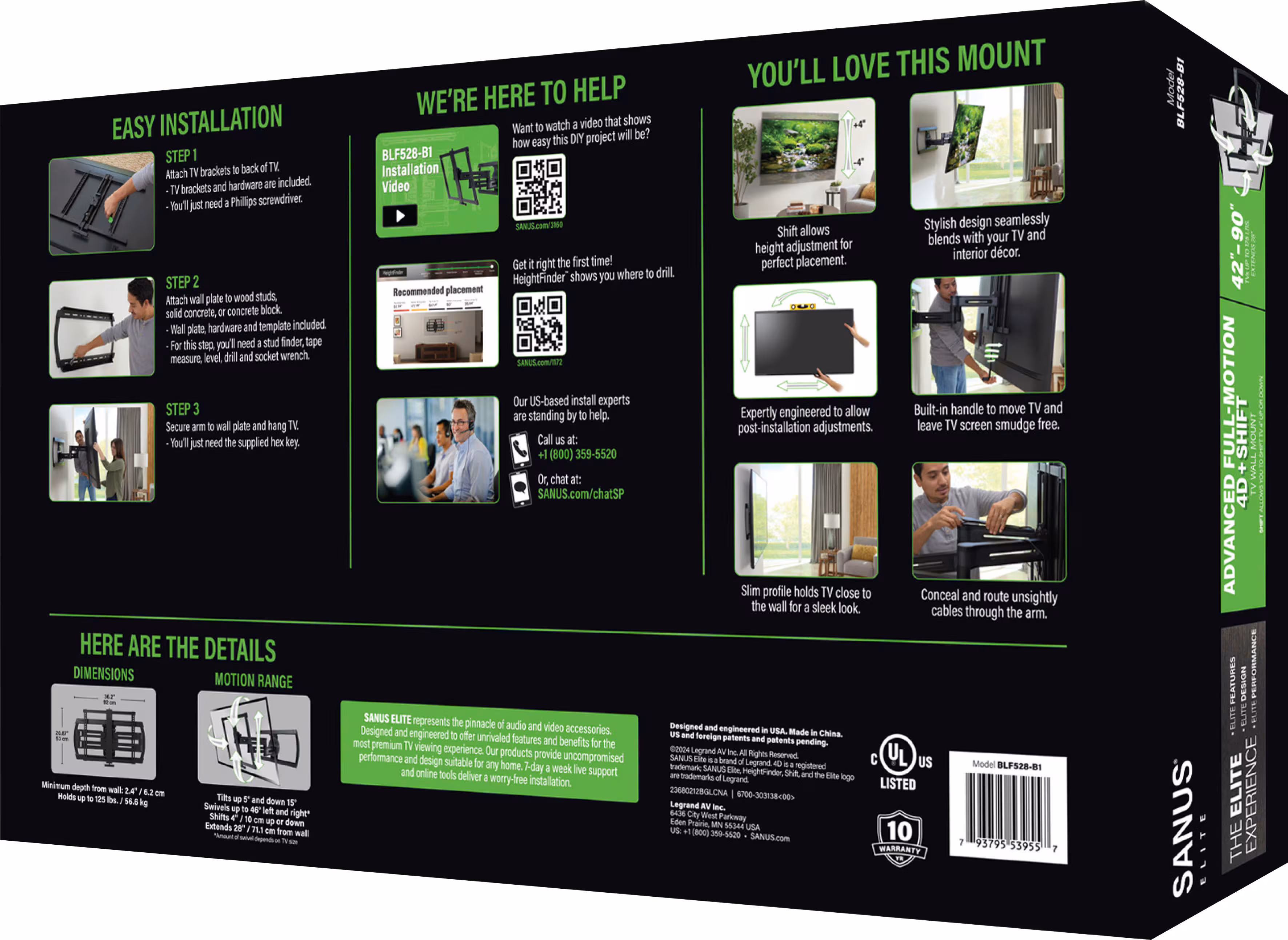 SANUS Elite - Advanced Full-Motion 4D + Shift TV Wall Mount for TVs 42"-90" up to 125 lbs - Shifts up to 8" for Perfect Placement - Black - Image 10