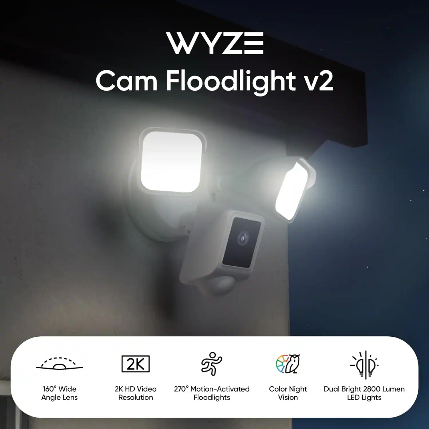 Wyze - Wired Outdoor Wi-Fi, 2800 Lumen Floodlight Home 2k Security Camera v2 - Black - Image 2