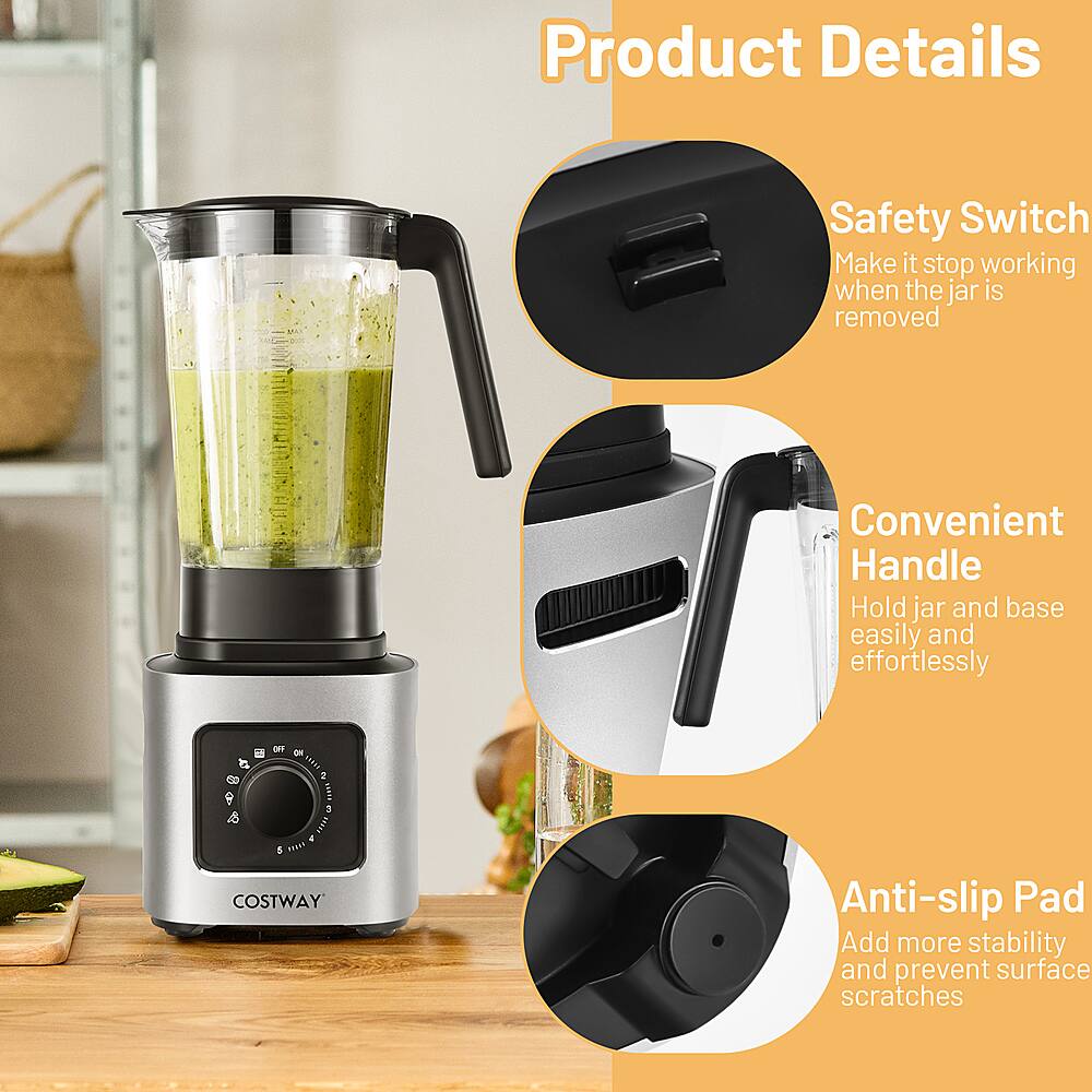 Costway - 1500W 5 Speed Countertop Smoothie Blender with 5 Presets & 68oz Tritan Jar - Silver/Black - Image 8