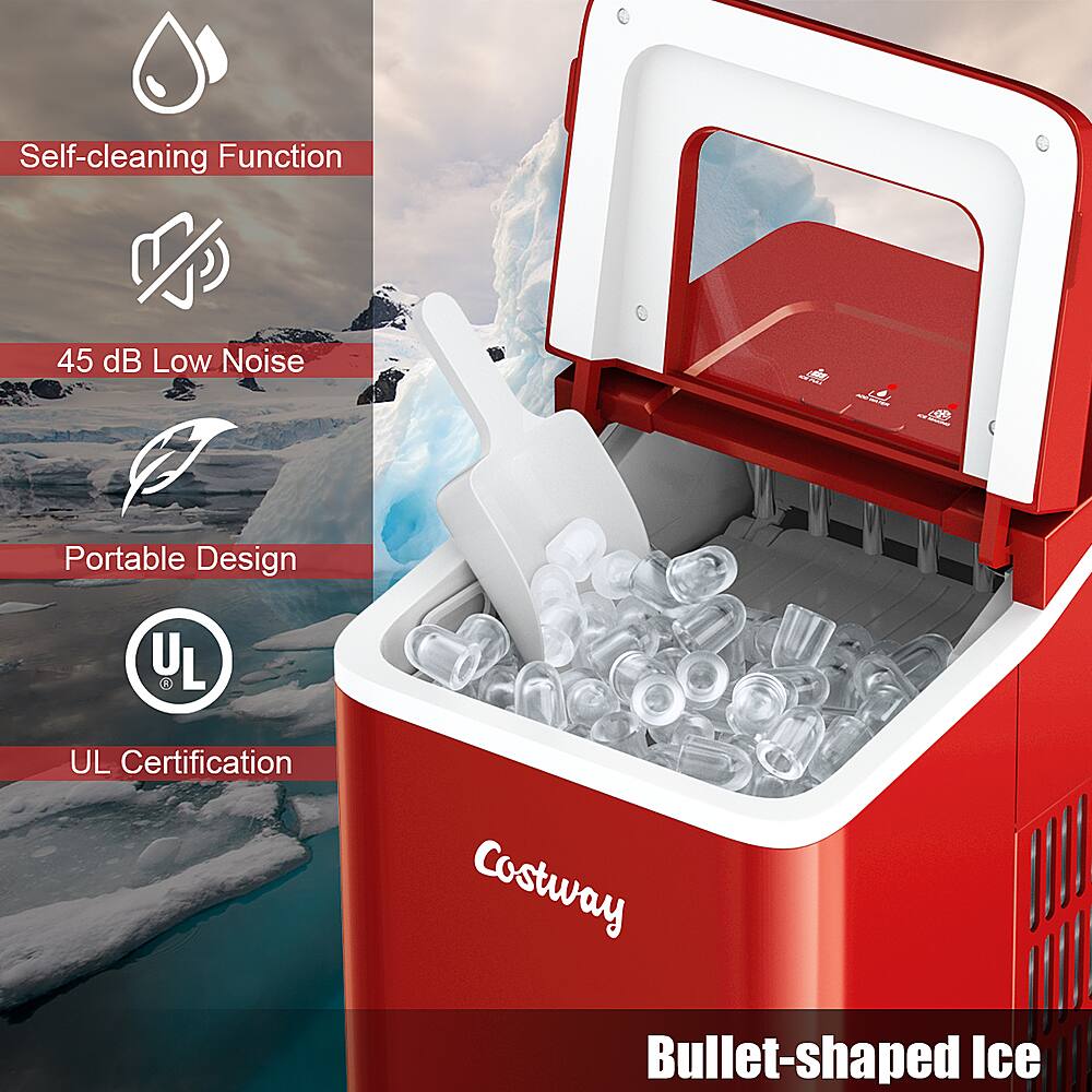 Costway - Portable Ice Maker Machine Countertop 26Lbs/24H Self-cleaning w/ Scoop - Red - Image 5