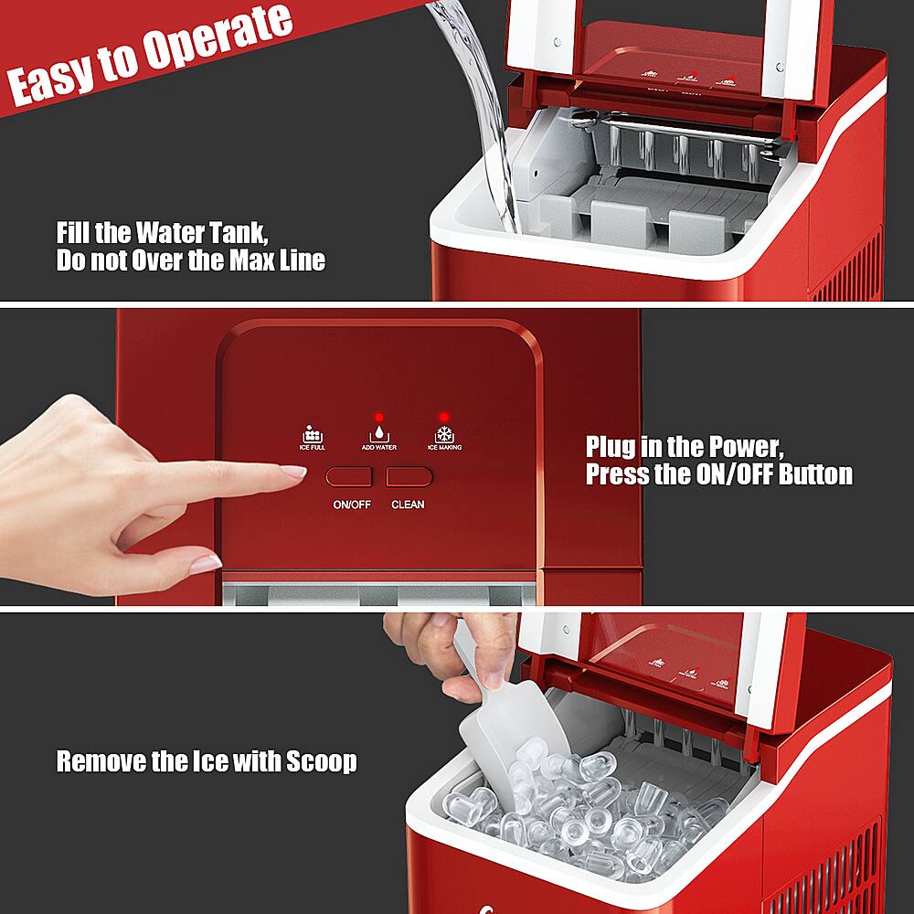 Costway - Portable Ice Maker Machine Countertop 26Lbs/24H Self-cleaning w/ Scoop - Red - Image 7
