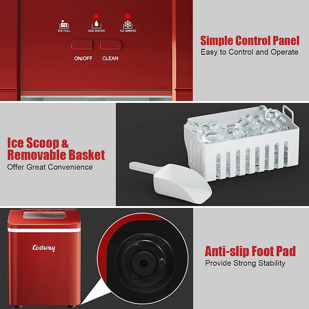 Costway - Portable Ice Maker Machine Countertop 26Lbs/24H Self-cleaning w/ Scoop - Red - Image 8