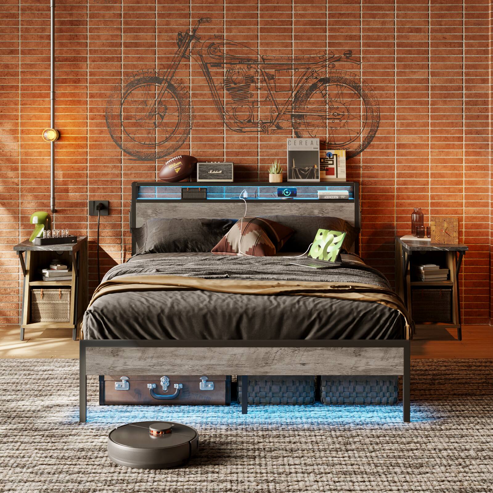 Bestier - Queen Size Bed Frame Platform Bed with Storage Headboard LED Lights and Charging Station - Gray - Image 5