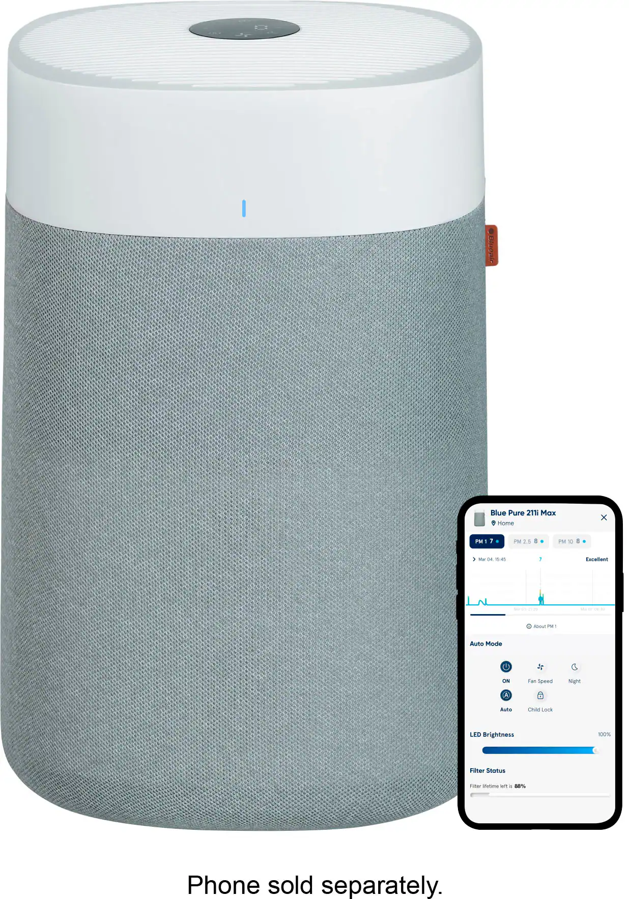 Blueair - Blue Pure 211i Max 3000 Sq. Ft HEPASilent Smart Extra-Large Room Air Purifier - White/Gray