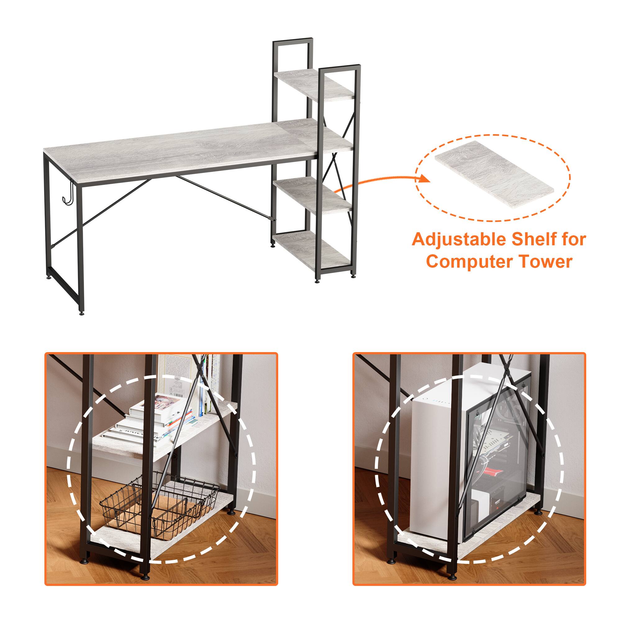 Bestier - Computer Desk with Reversible Bookshelf - Gray - Image 5