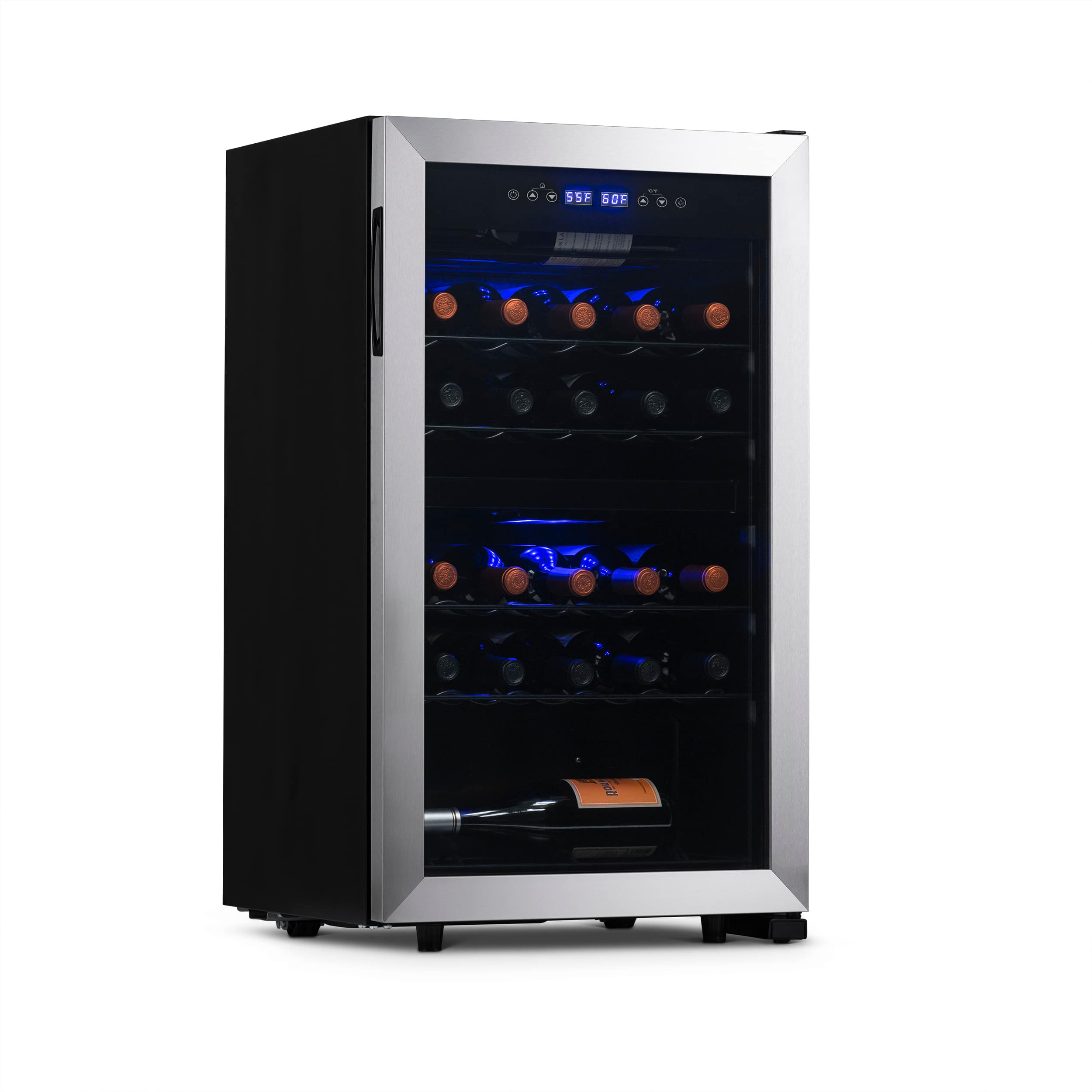 NewAir - Freestanding 28 Bottle Dual Zone Compressor Wine Fridge with Adjustable Racks and Exterior Digital Thermostat - Stainless Steel