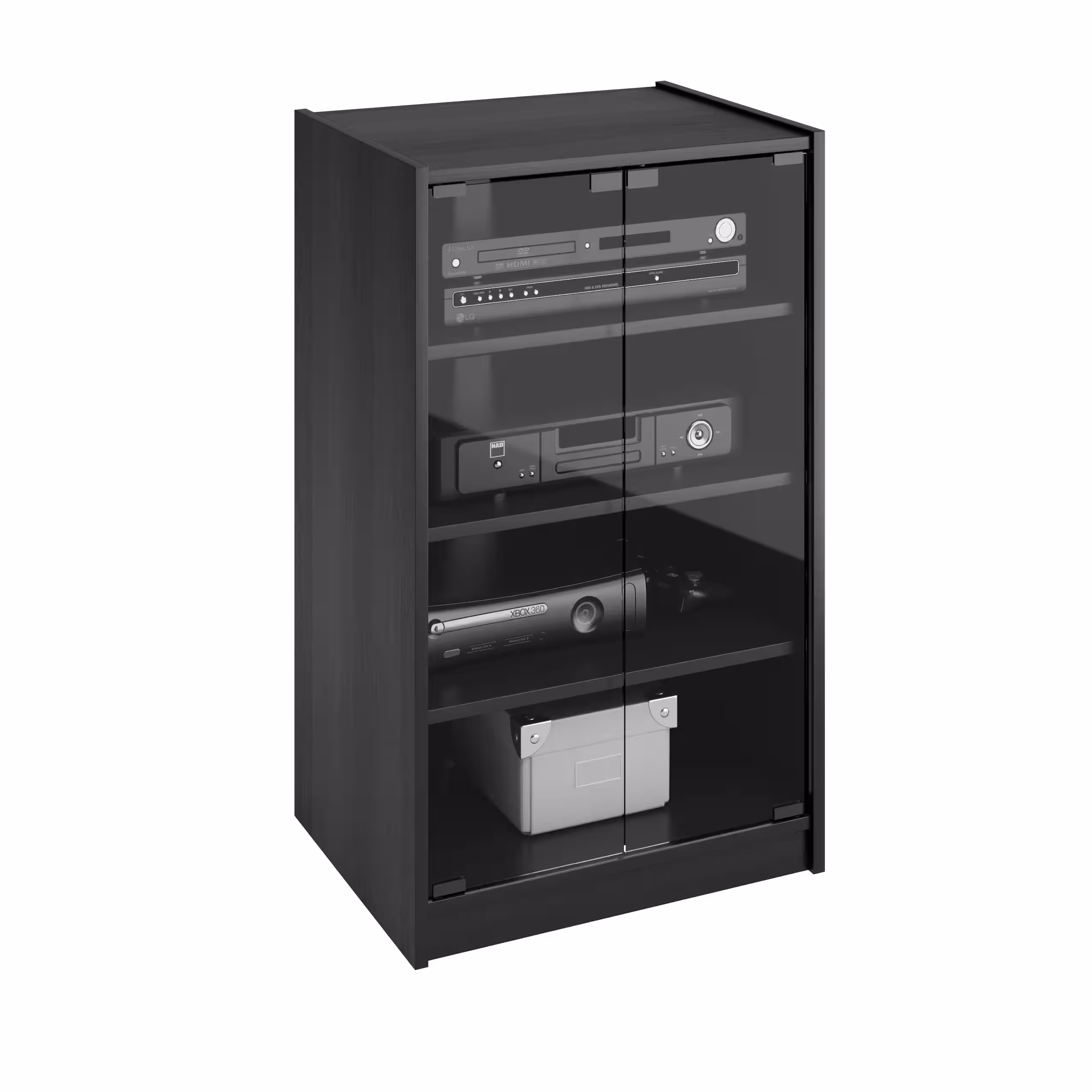 CorLiving - 4-Tier Media Stand, DVD Storage Cabinet with 3 Adjustable Shelves, Tempered Glass Doors, and Cable Management - Black - Image 5