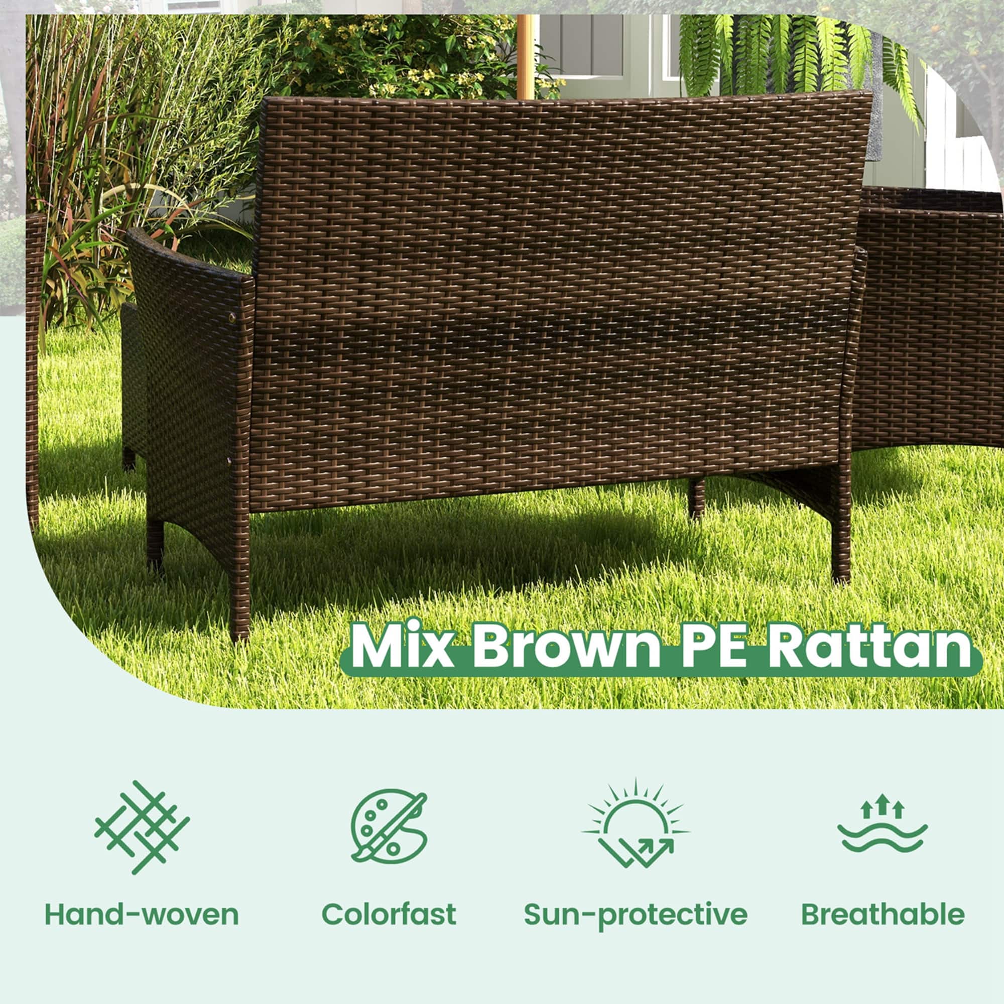 Costway - 4 PCS Patio Furniture Set with Washable Cushions and Tempered Glass Coffee Table - Beige + Mix Brown - Image 6