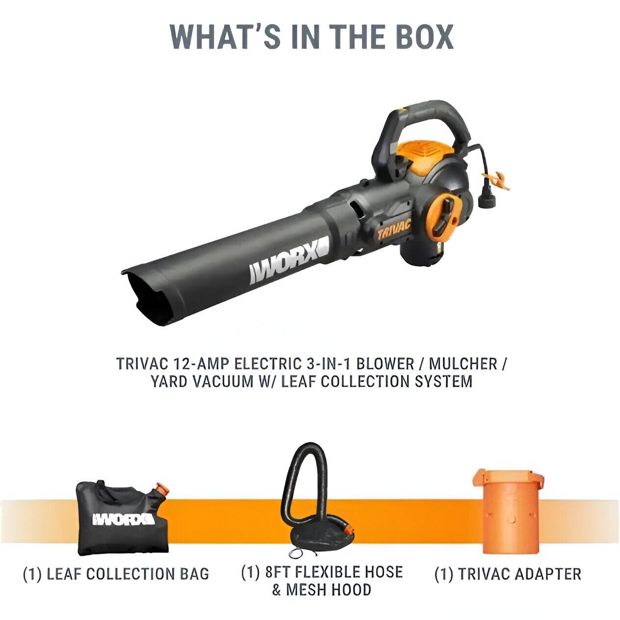 WORX - 12 Amp TRIVAC 70 MPH 600 CFM Corded Blower, Mulcher, and Vaccum - Black - Image 10