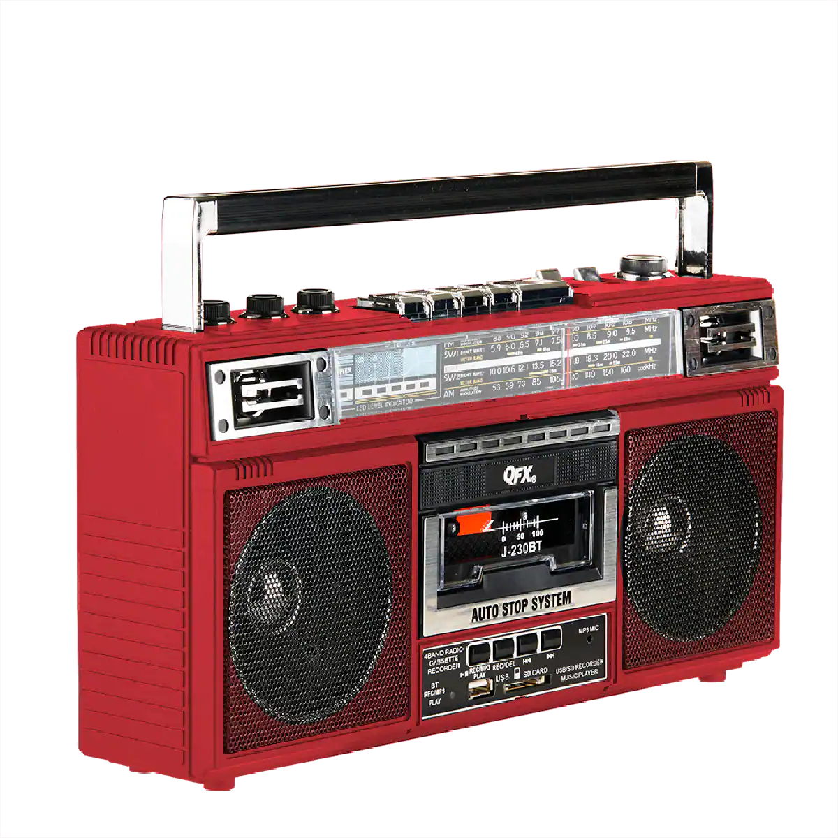 QFX - RECHARGEABLE CASSETTE AM/FM/SW1-2 RADIO BLUETOOTH BOOMBOX WITH USB RECORDING - Red - Image 2