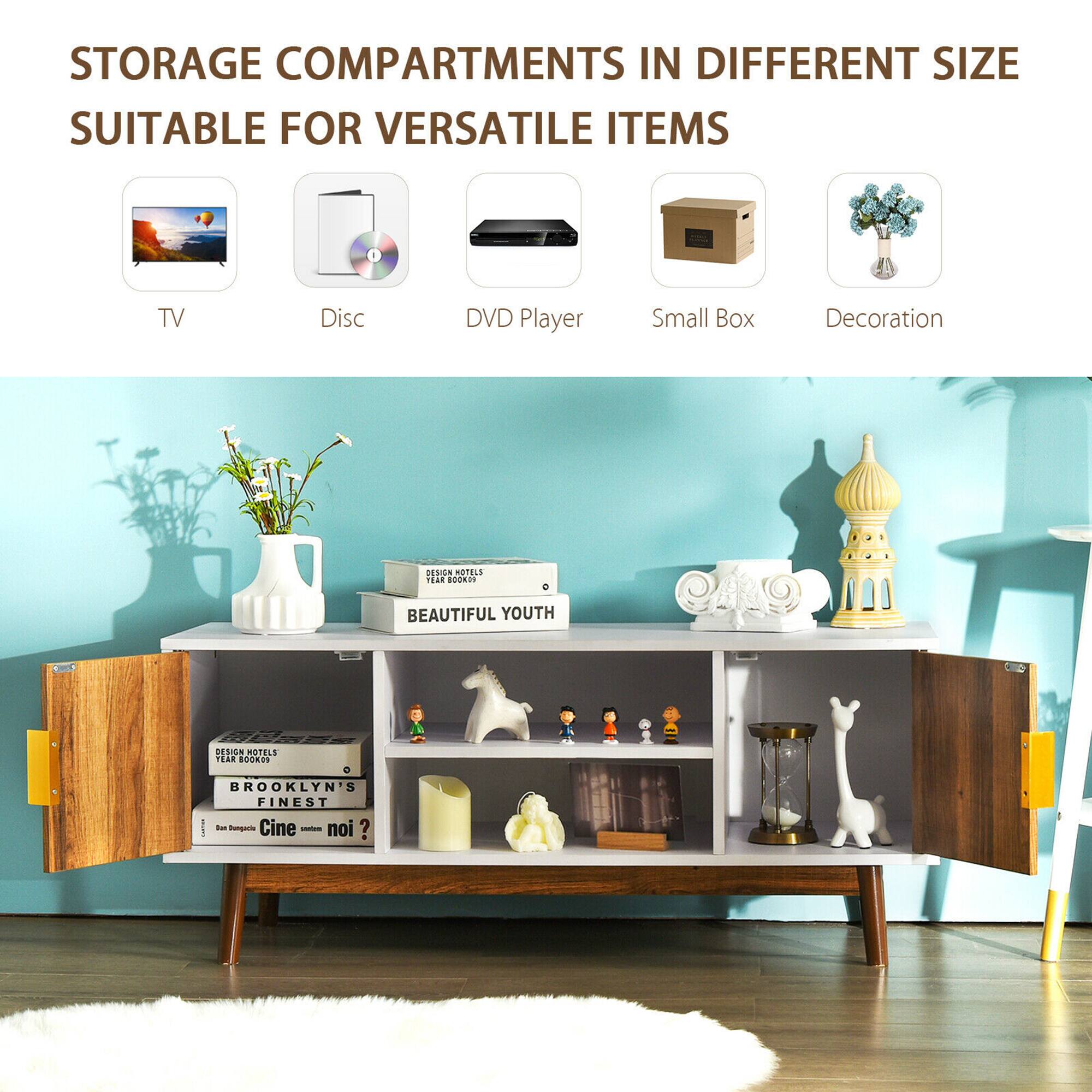 Costway - TV Stand Entertainment Media Console w/2 Storage Cabinets & Open Shelves - White/Rustic Oak - Image 7