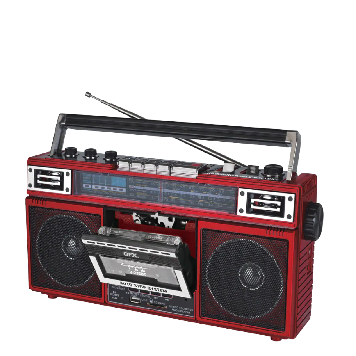 QFX - RECHARGEABLE CASSETTE AM/FM/SW1-2 RADIO BLUETOOTH BOOMBOX WITH USB RECORDING - Red - Image 3