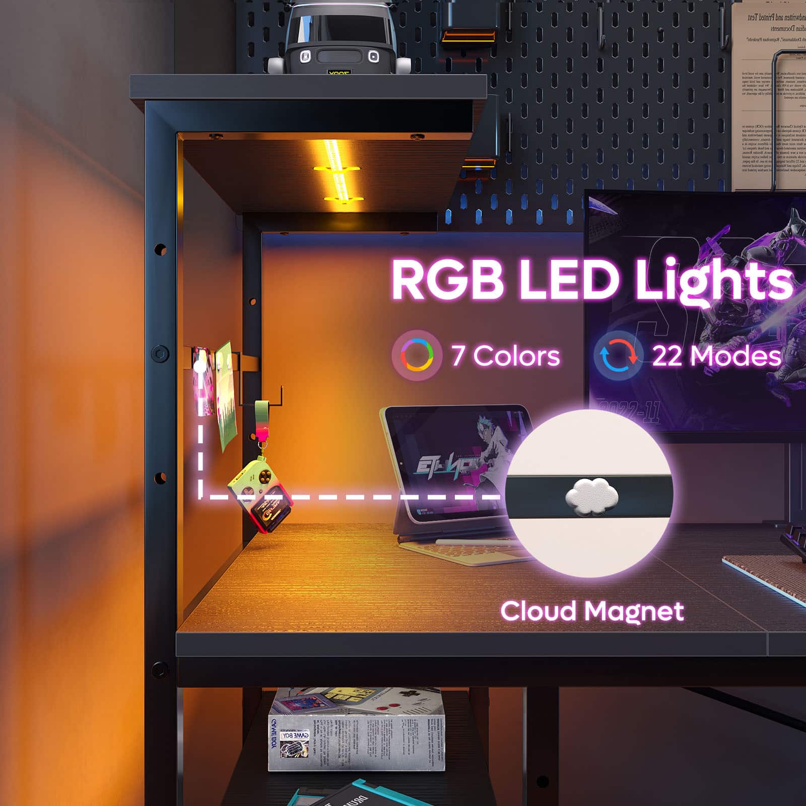 Bestier - 61 Inch RGB Gaming Desk with LED Lights & Storage Shelf - Ergonomic Computer Desk - Black - Image 5