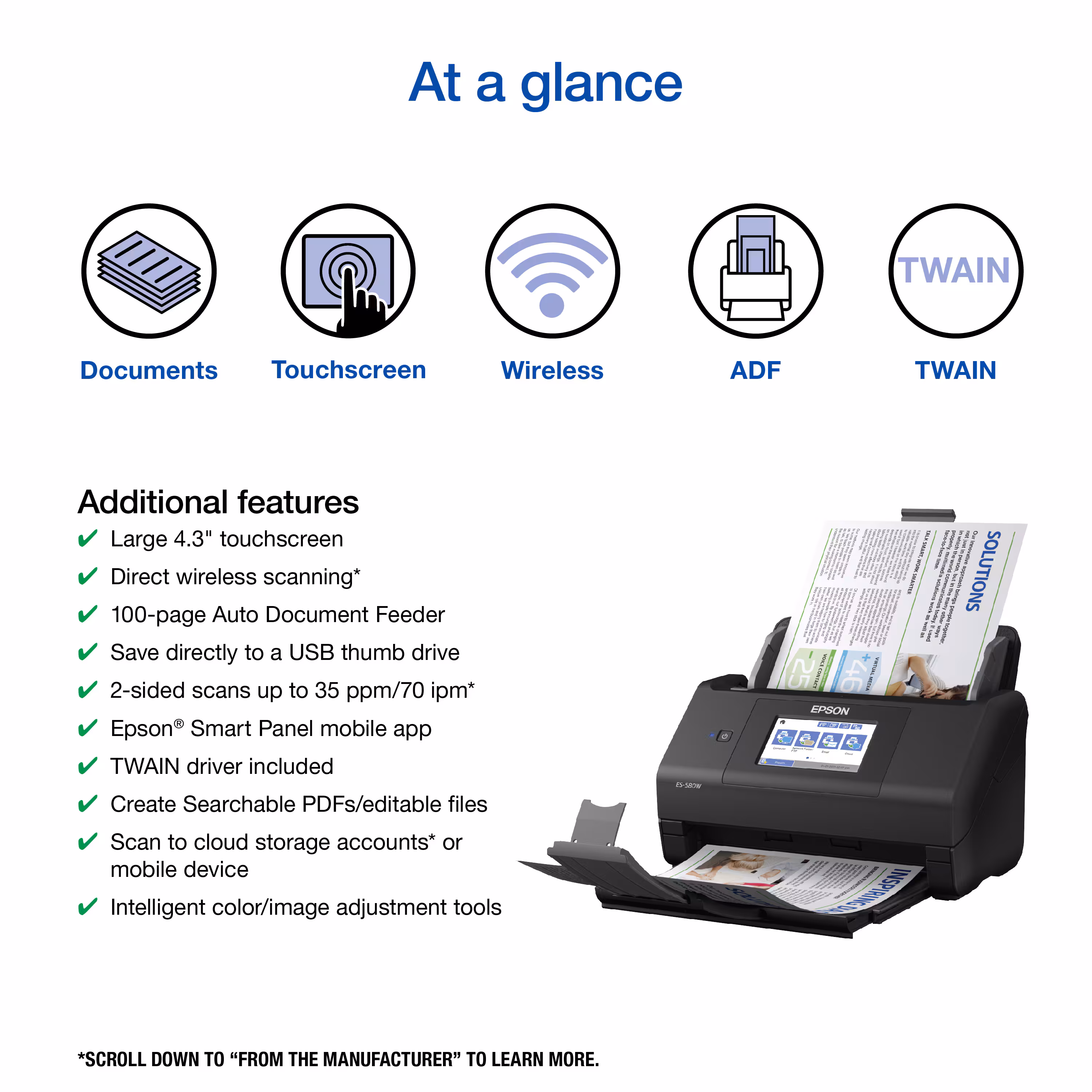 Epson - WorkForce ES-580W Wireless Duplex Touchscreen Desktop Document Scanner - Black - Image 2