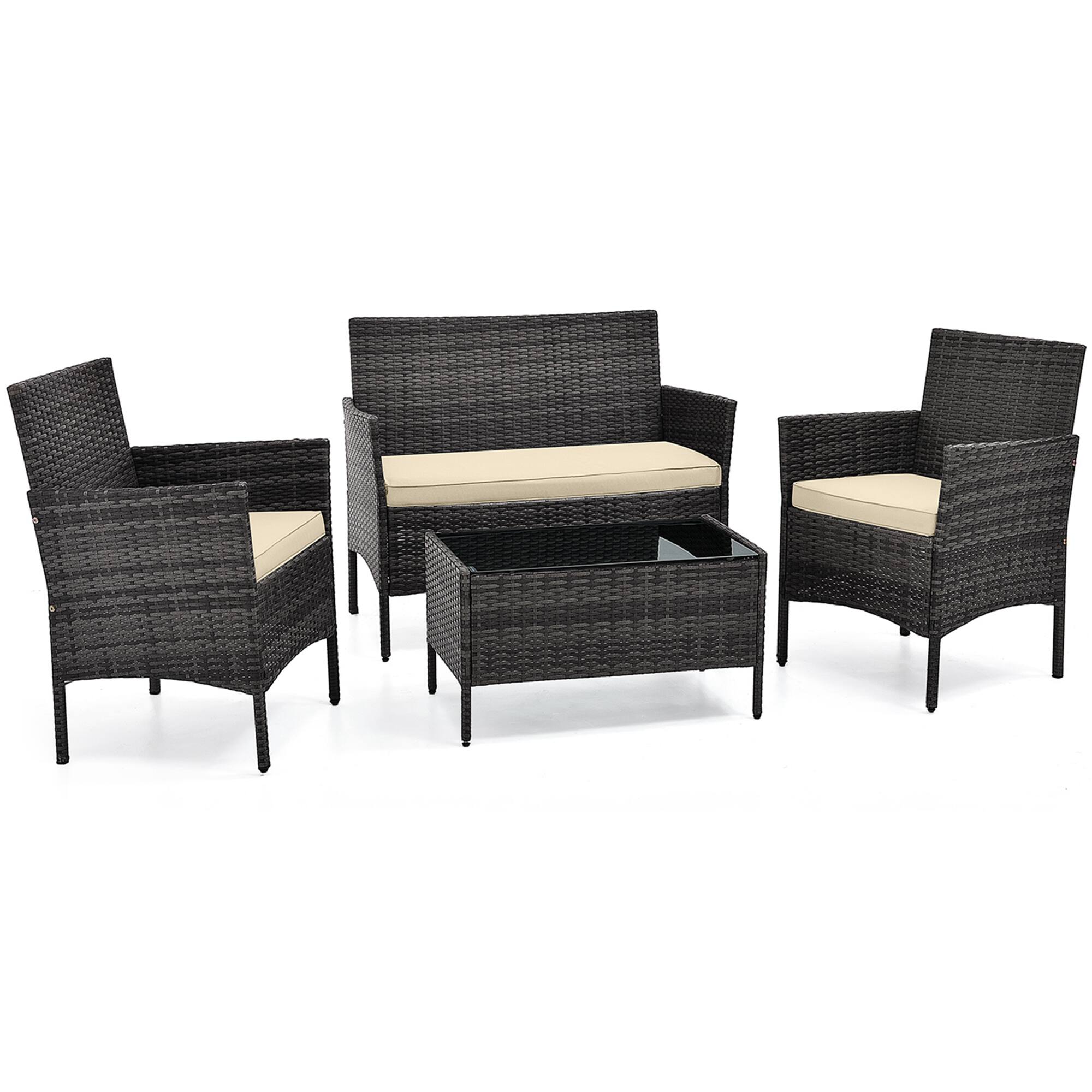 Costway - 4 PCS Patio Furniture Set with Washable Cushions and Tempered Glass Coffee Table - Beige + Mix Brown - Image 2