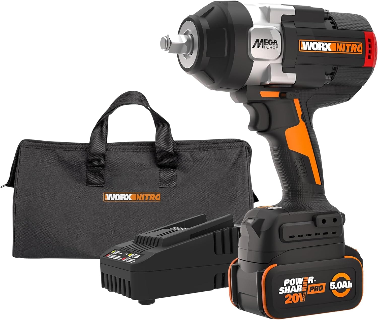 WORX - Nitro 20V 1/2" Cordless Brushless Impact Wrench (1 x 5.0 Ah Battery and 1 x Charger Included) - Black