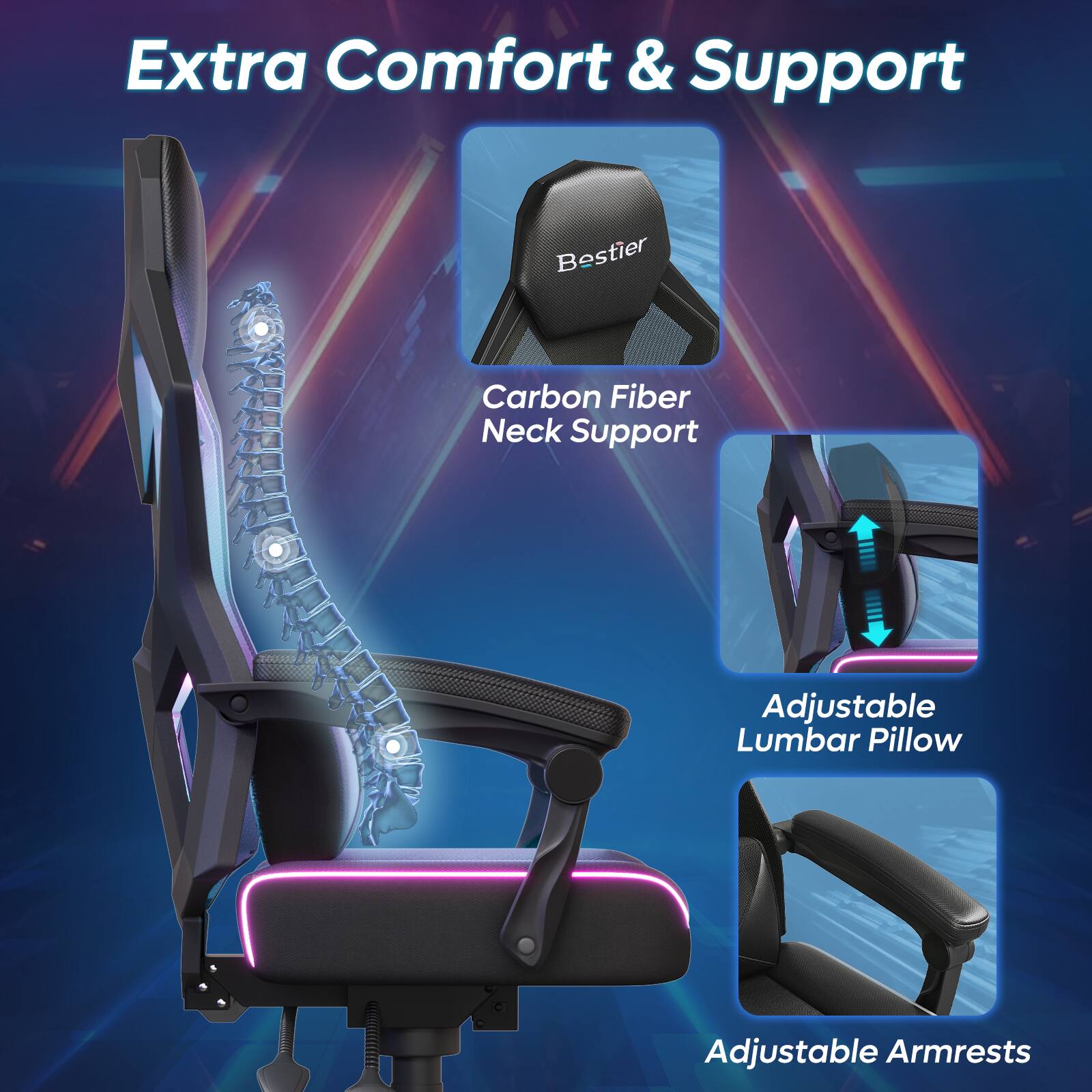 Bestier - RGB Gaming Chair with LED Lights Ergonomic Spring Cushion & Breathable Mesh Back - Black - Image 5