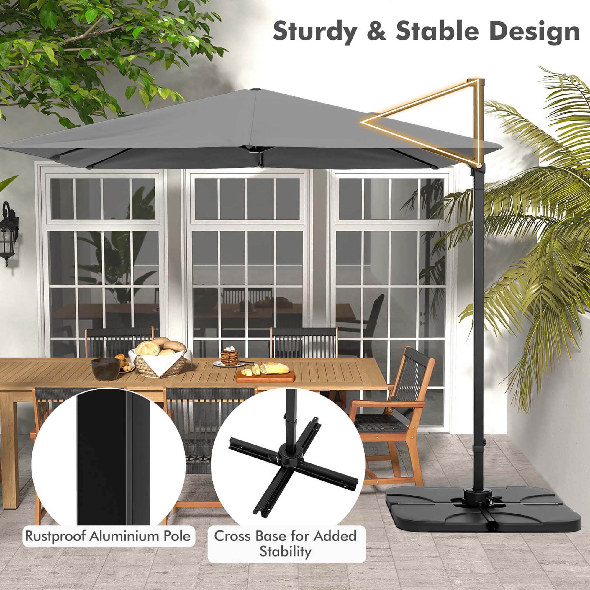 Costway - Patio 9.5FT Square Cantilever Offset Hanging Umbrella 2-Tier 360° Outdoor - Gray - Image 7